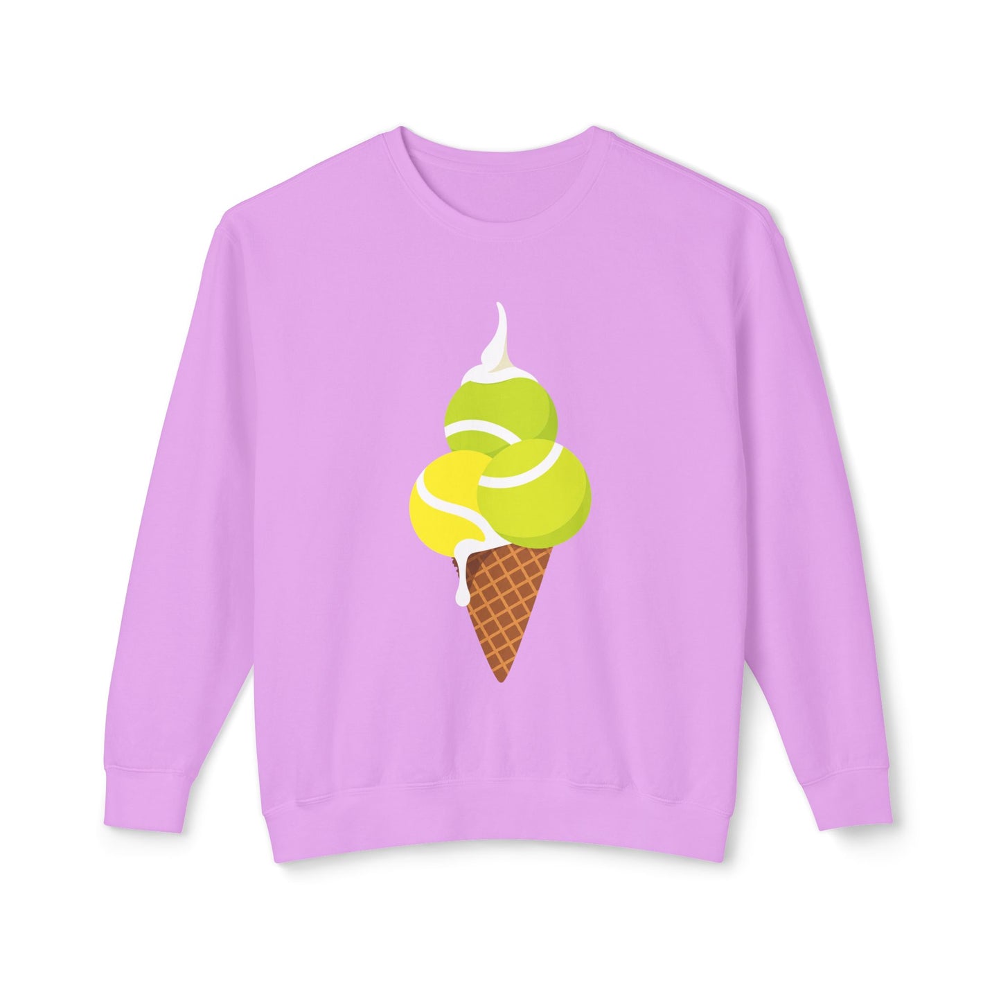 Purple tennis sweatshirt featuring colorful tennis ball ice cream cone graphic