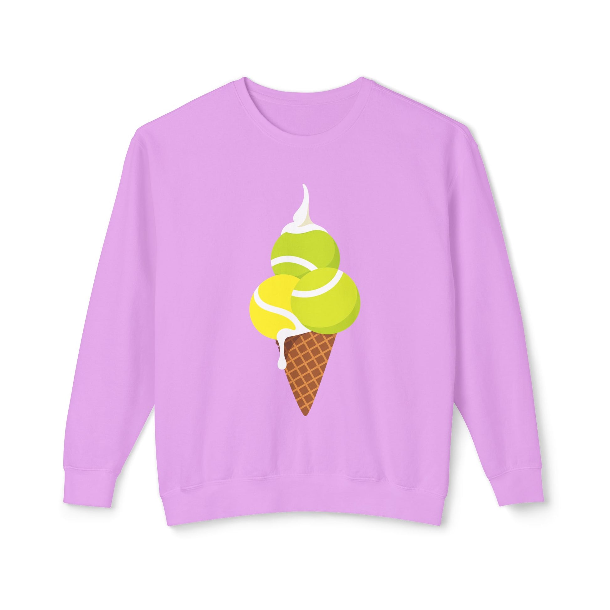 Purple tennis sweatshirt featuring colorful tennis ball ice cream cone graphic