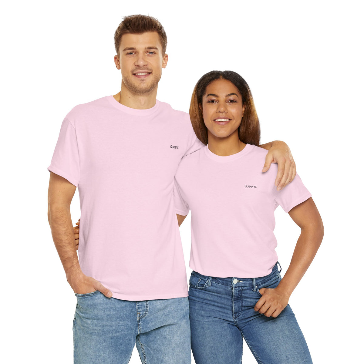 Man and woman wearing matching pink Queens T-shirts with small black lettering on the left chest.