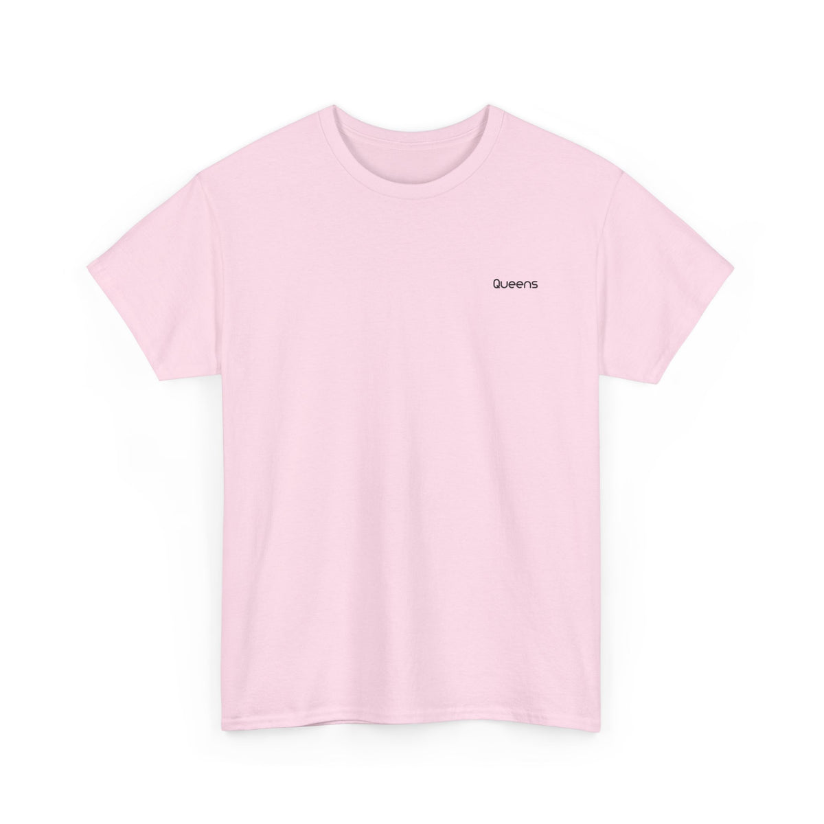 Front view of a pink Queens T-shirt with small black Queens lettering on the left chest.