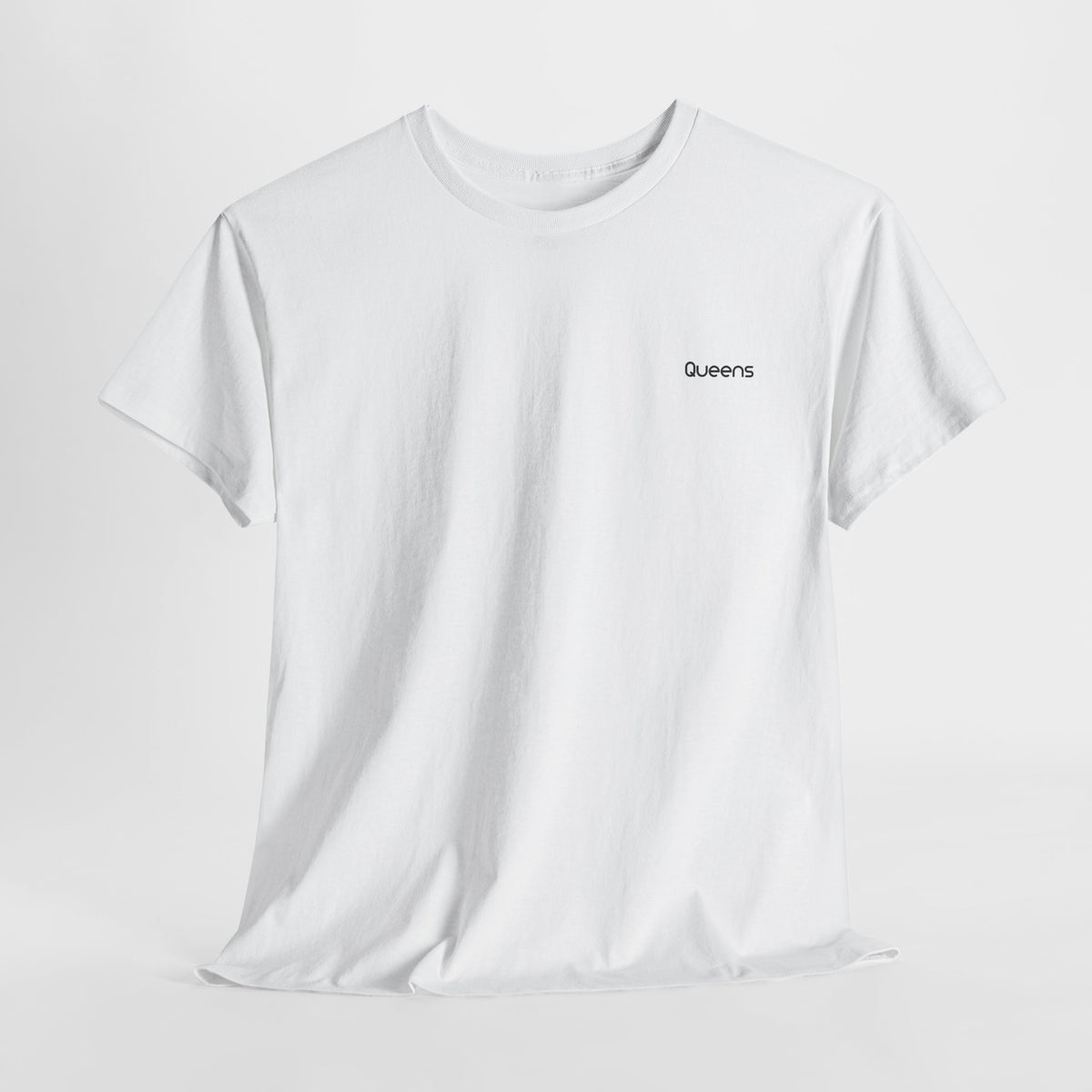 Front view of a white Queens crewneck T-shirt showing the small black chest print and short sleeves.