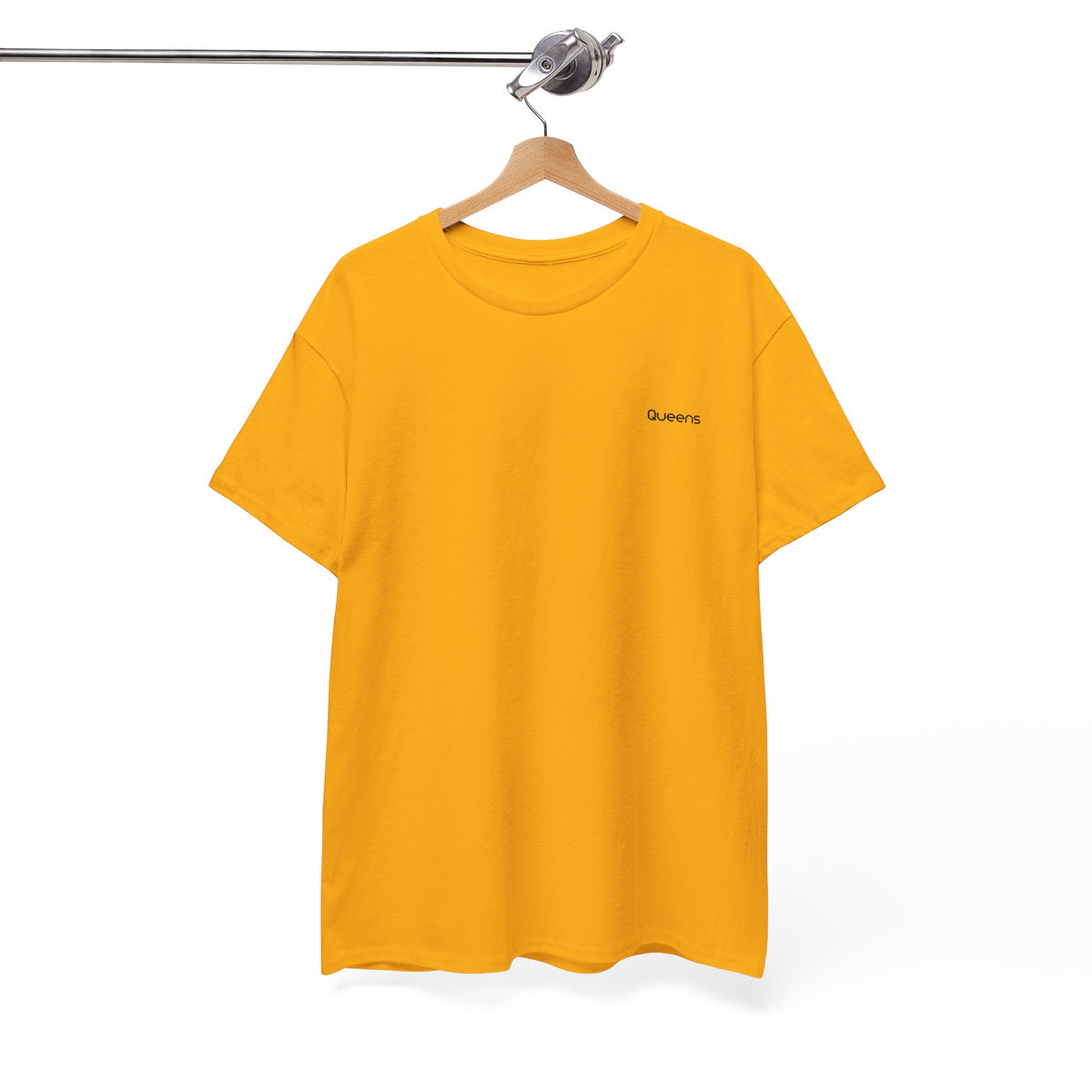 Yellow Queens T-shirt on a wooden hanger, showing the crew neckline and small black chest lettering.