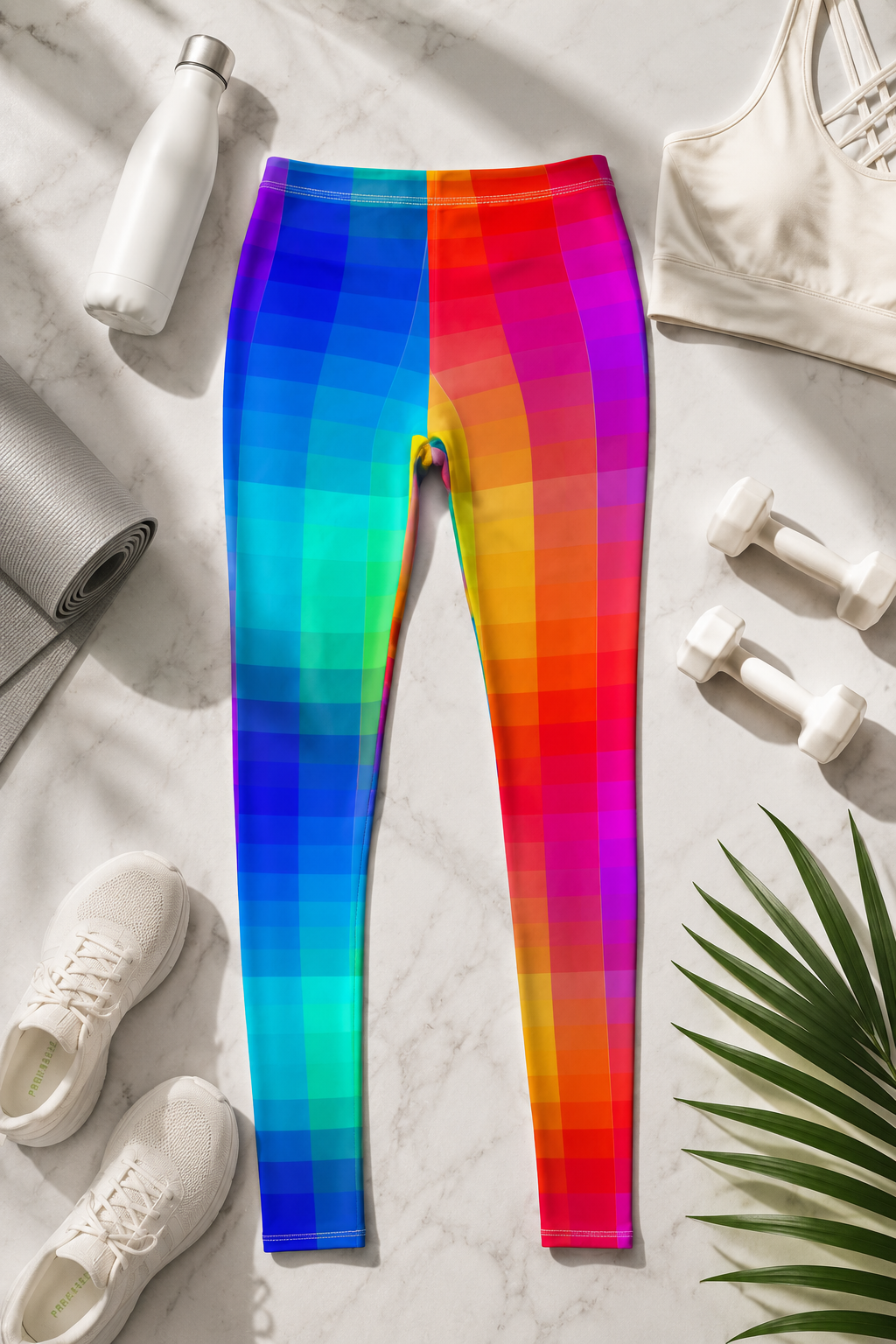 Rainbow gradient leggings styled in bright fitness flat-lay photography with workout accessories