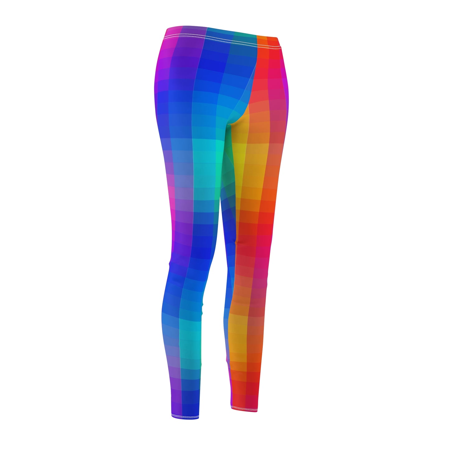 Front angled view of colorful rainbow gradient leggings for women