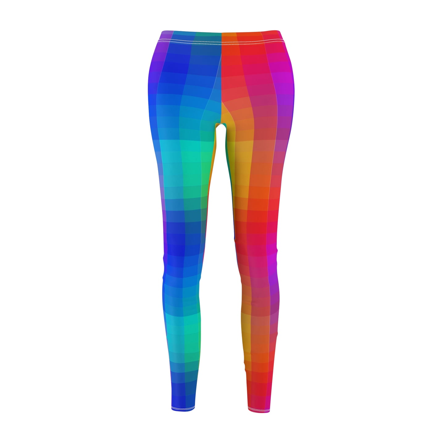 Front view of women's rainbow gradient leggings with colorful geometric pattern