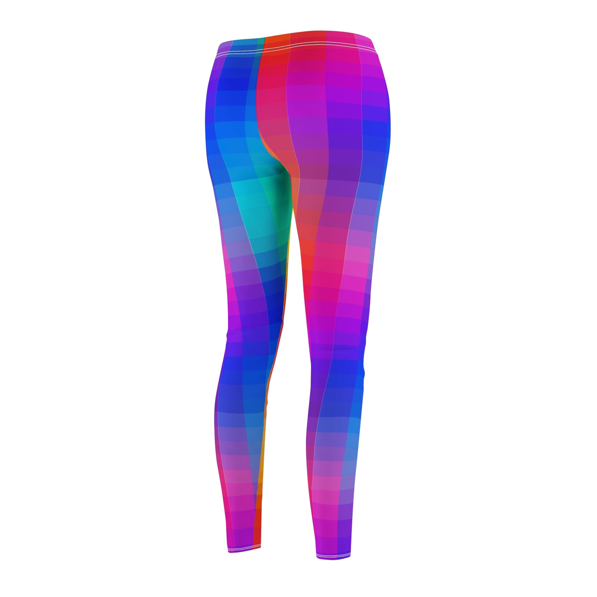 Side view of women's rainbow gradient leggings with vibrant color spectrum design