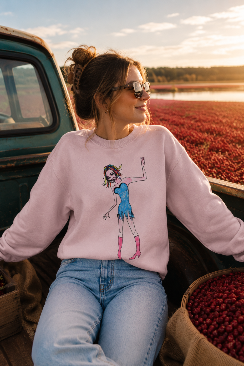 Young woman wearing the Rainbow Nights Unisex Sweatshirt while riding through a cranberry field in a cinematic countryside lifestyle scene.