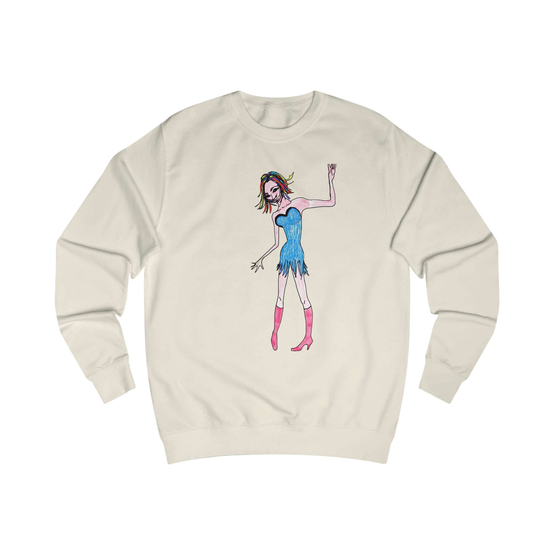 Front view of the cream Rainbow Nights Unisex Sweatshirt featuring vibrant hand-drawn character artwork.