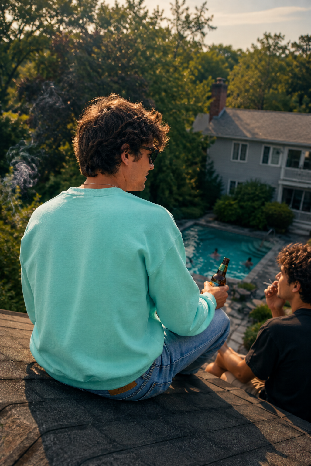 Back view of the cyan Rainbow Nights Unisex Sweatshirt worn in a cinematic rooftop gathering with friends.