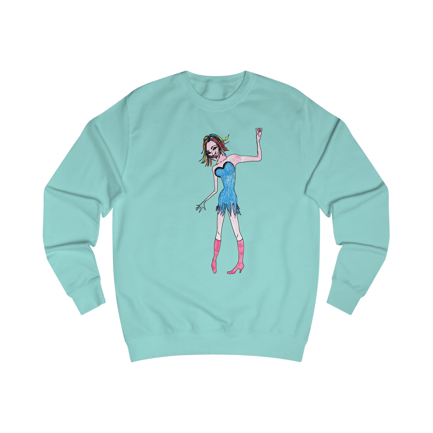 Front view of the cyan Rainbow Nights Unisex Sweatshirt displaying colorful original illustrated artwork.