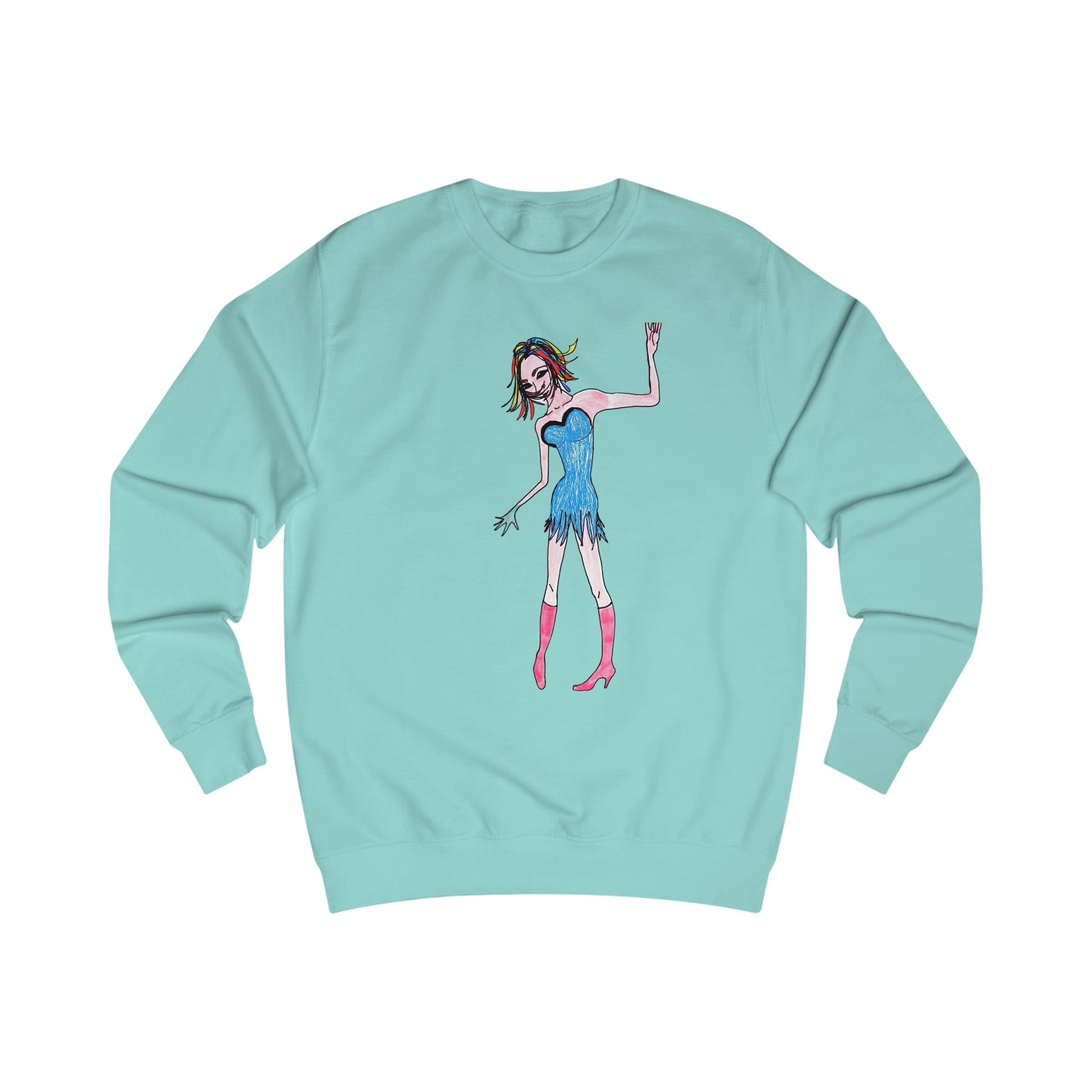 Front view of the cyan Rainbow Nights Unisex Sweatshirt displaying colorful original illustrated artwork.
