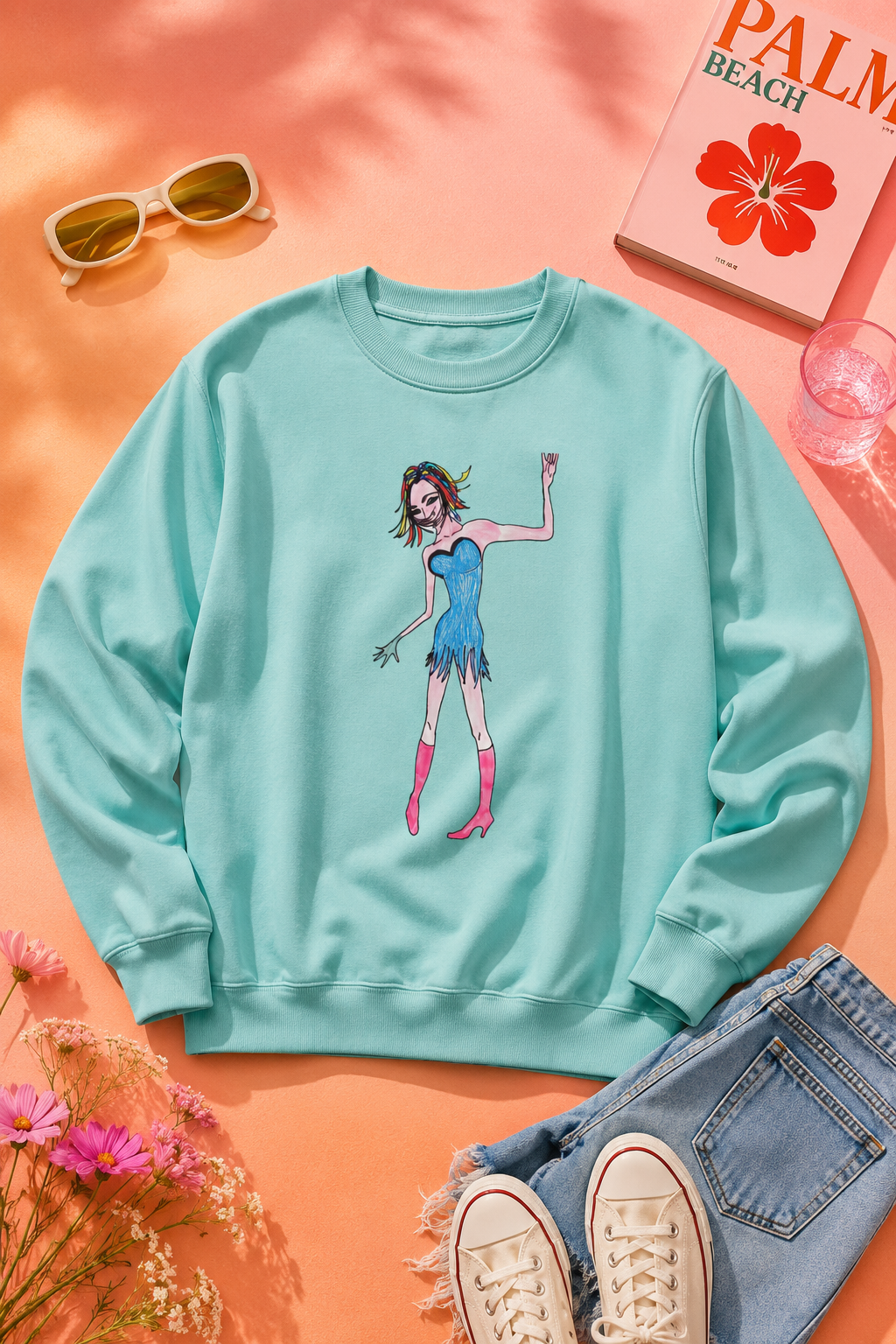 Rainbow Nights Unisex Sweatshirt flat-lay mockup on a warm orange-pink gradient background featuring original Sketchbook Collection artwork.