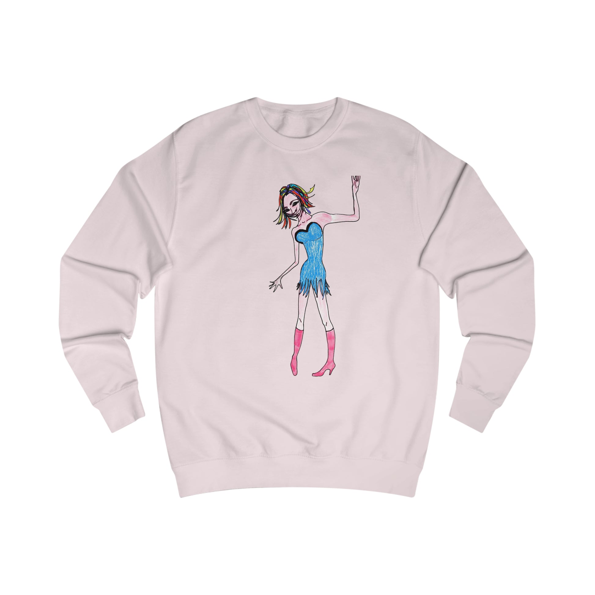 Front view of the Rainbow Nights Unisex Sweatshirt in light pink featuring colorful hand-drawn character artwork.
