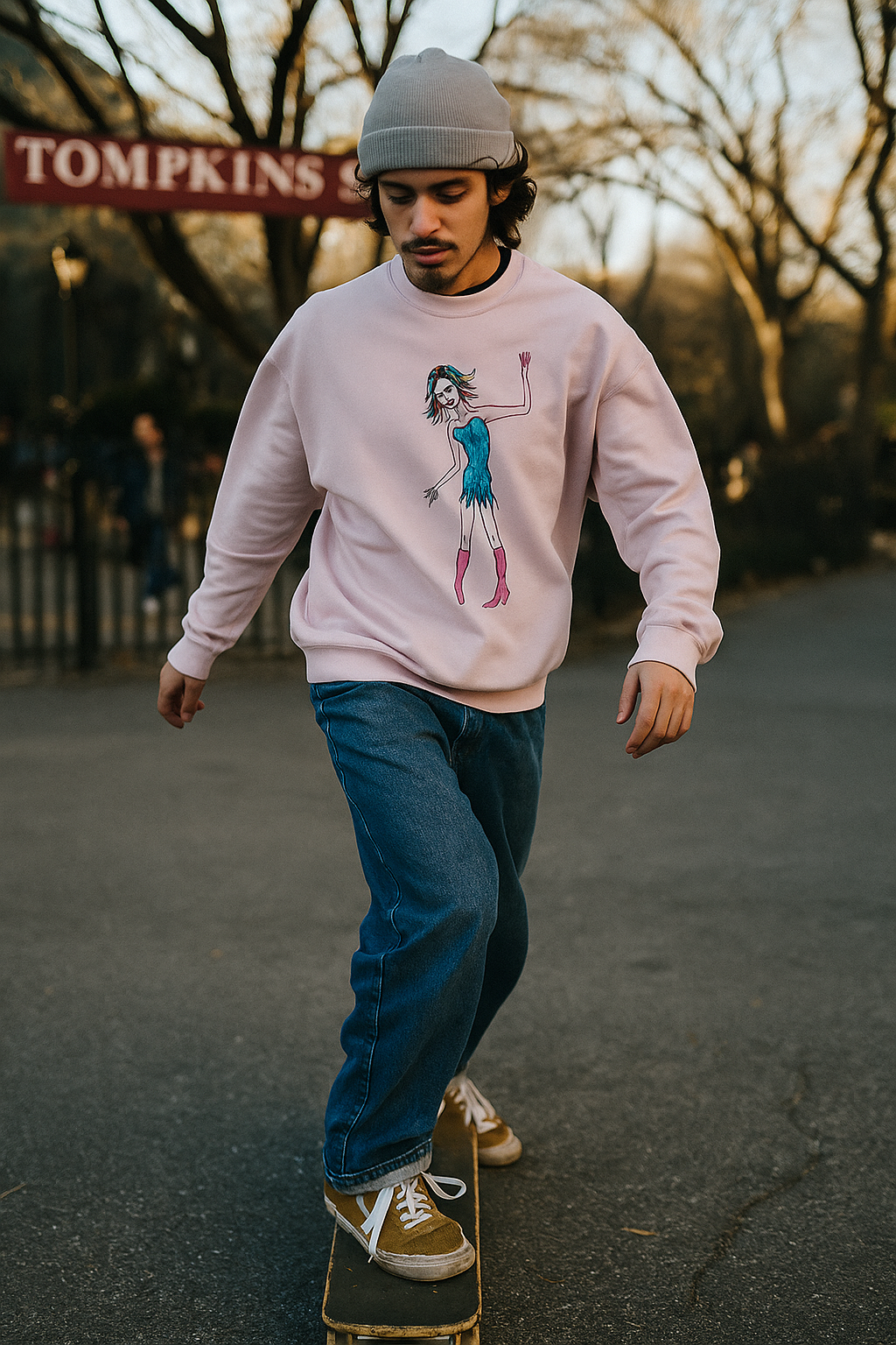 Young man skateboarding while wearing the Rainbow Nights Unisex Sweatshirt featuring original hand-drawn artwork in an editorial streetwear scene.