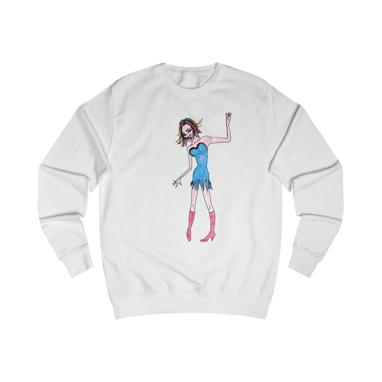 Front view of the white Rainbow Nights Unisex Sweatshirt with original colorful graphic illustration from the Sketchbook Collection.