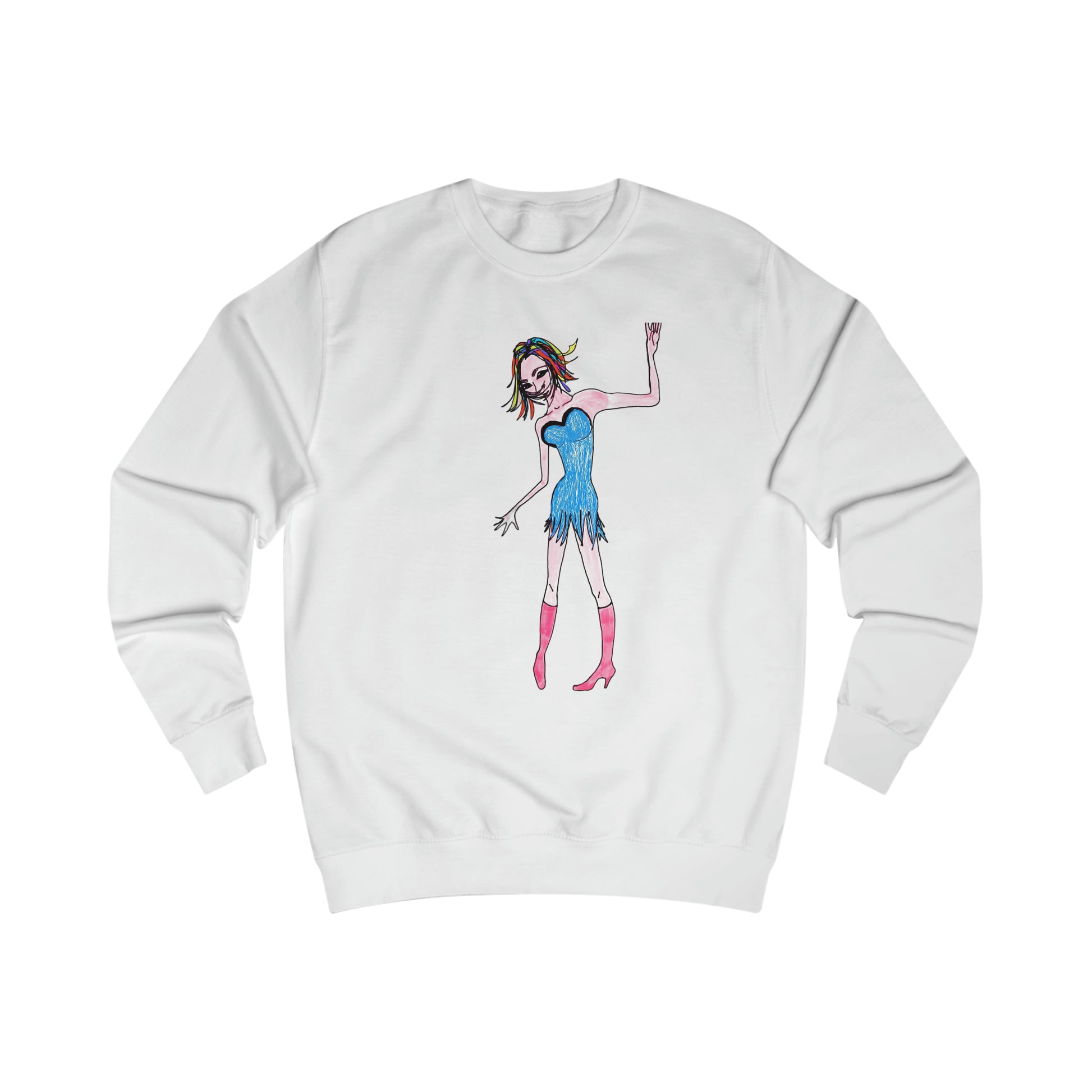 Front view of the white Rainbow Nights Unisex Sweatshirt with original colorful graphic illustration from the Sketchbook Collection.