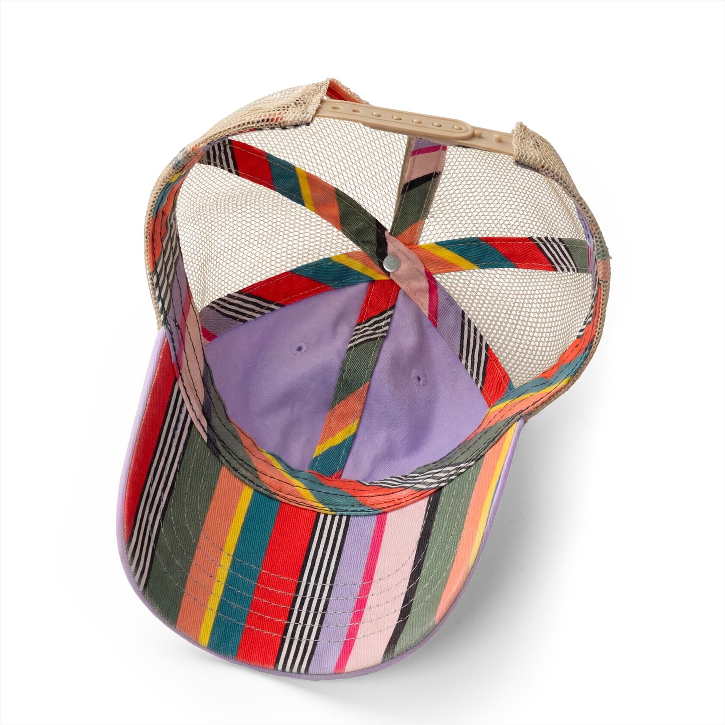 Back view of rainbow striped mesh trucker hat.