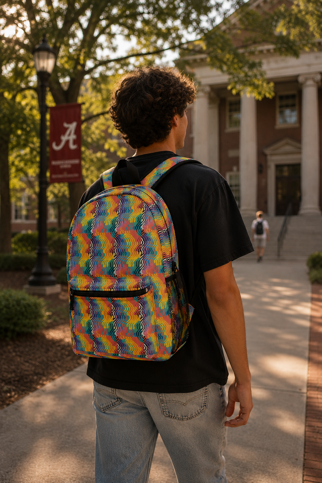 Rainbow Wave backpack back view worn outdoors in city setting