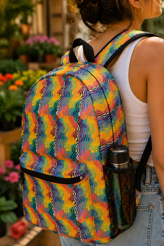 Rainbow Wave backpack close-up worn by woman showing colorful rainbow pattern
