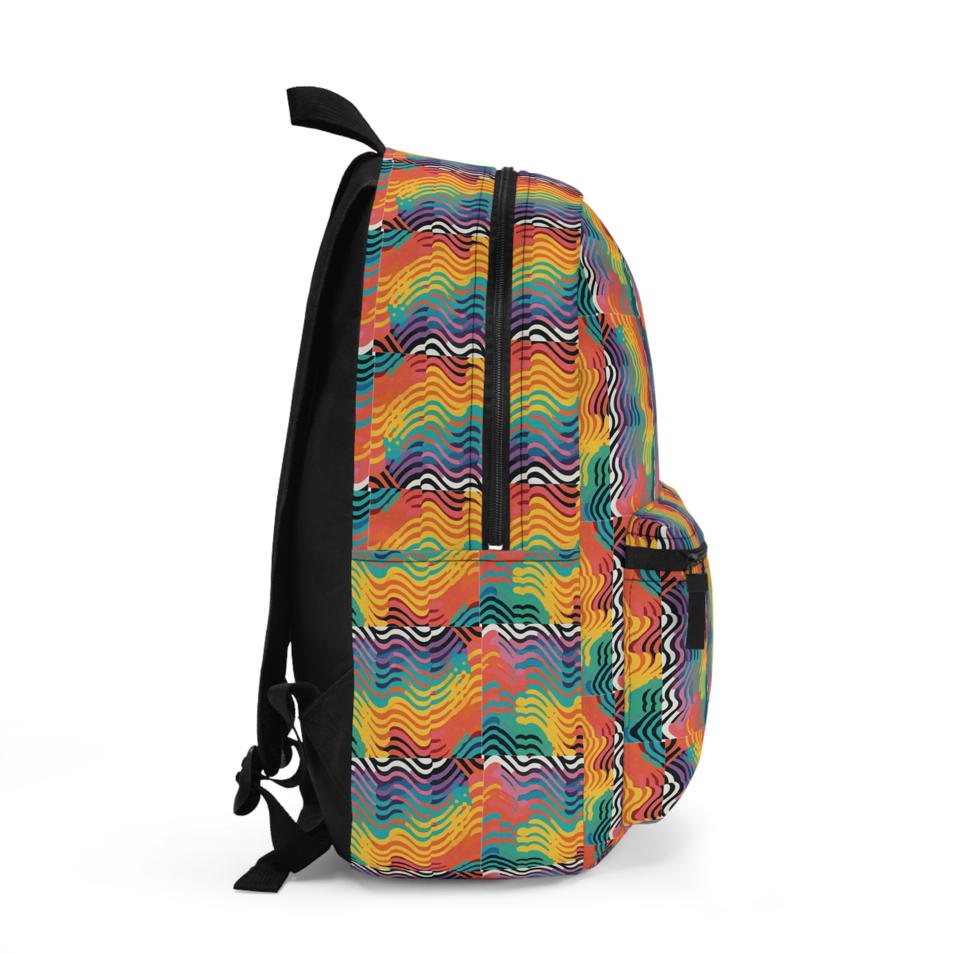 Rainbow Wave backpack side view showing profile and bottle pocket