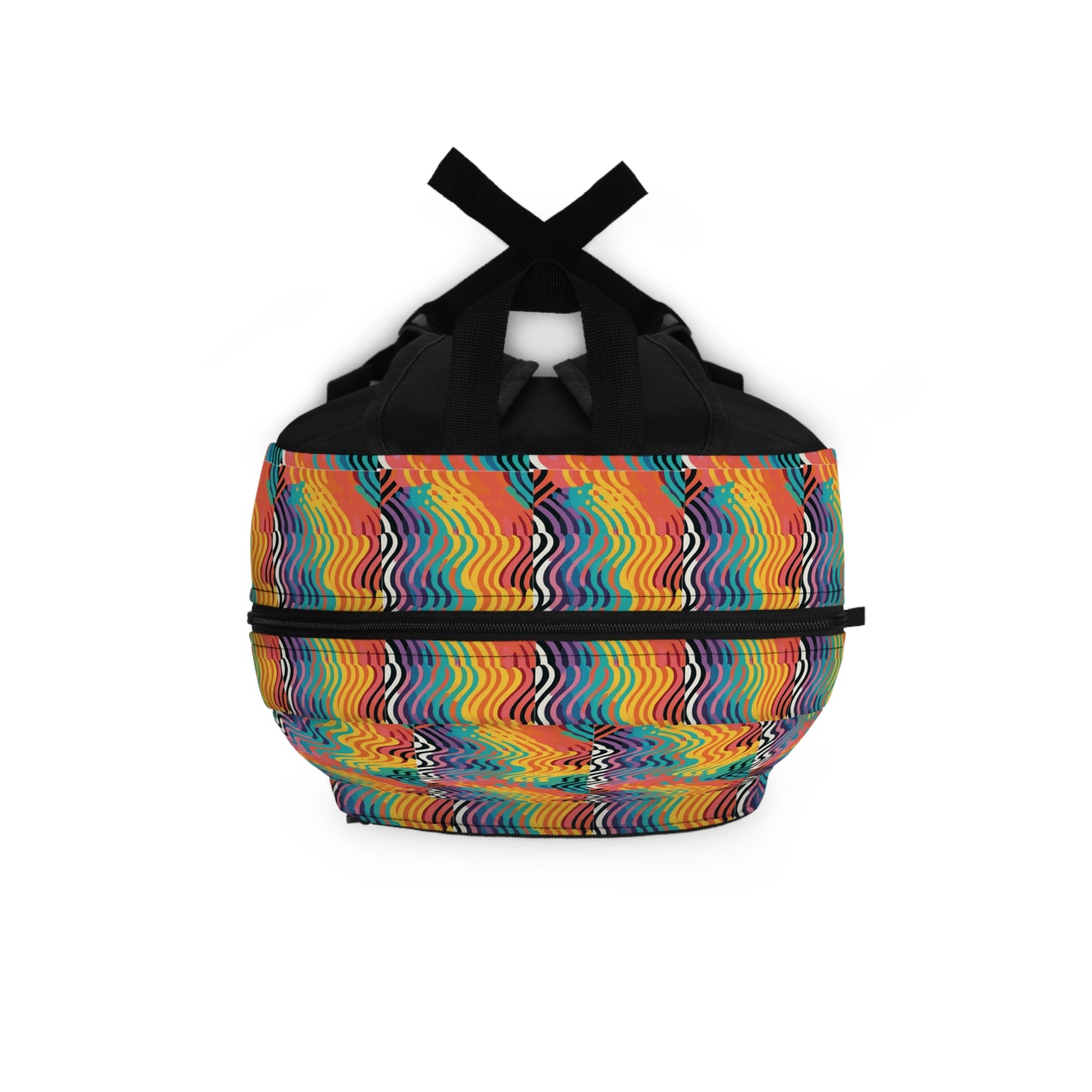 Rainbow Wave backpack top view showing zipper and handle details