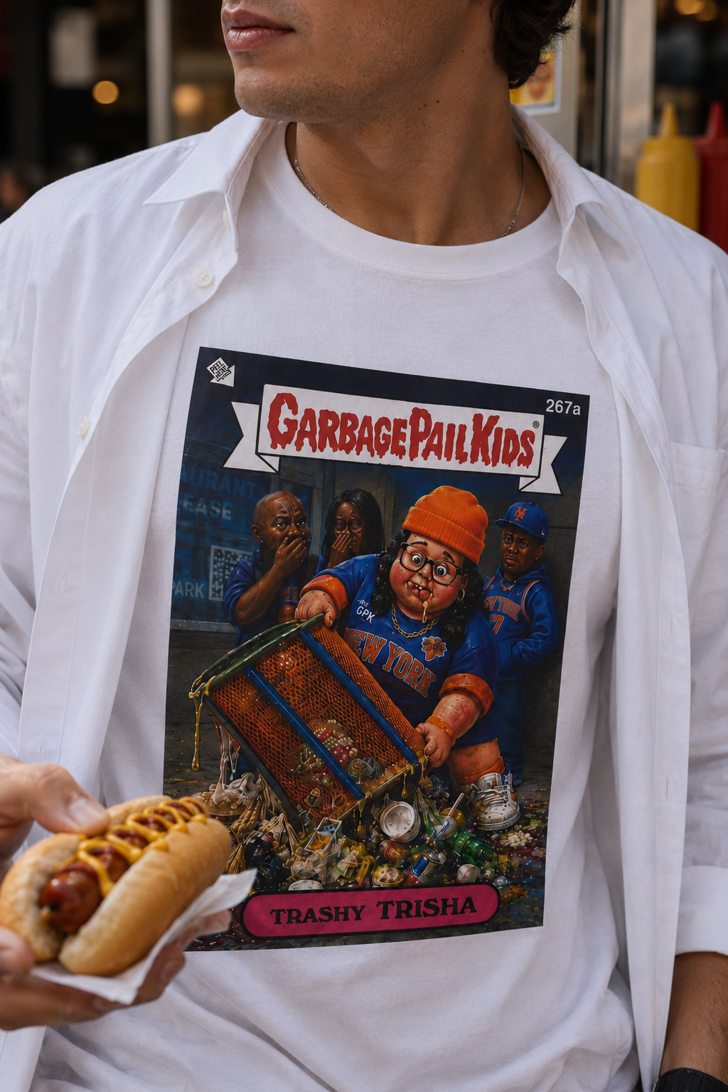 Male model wearing Trashy Trisha Knicks parody t-shirt at New York hot dog stand