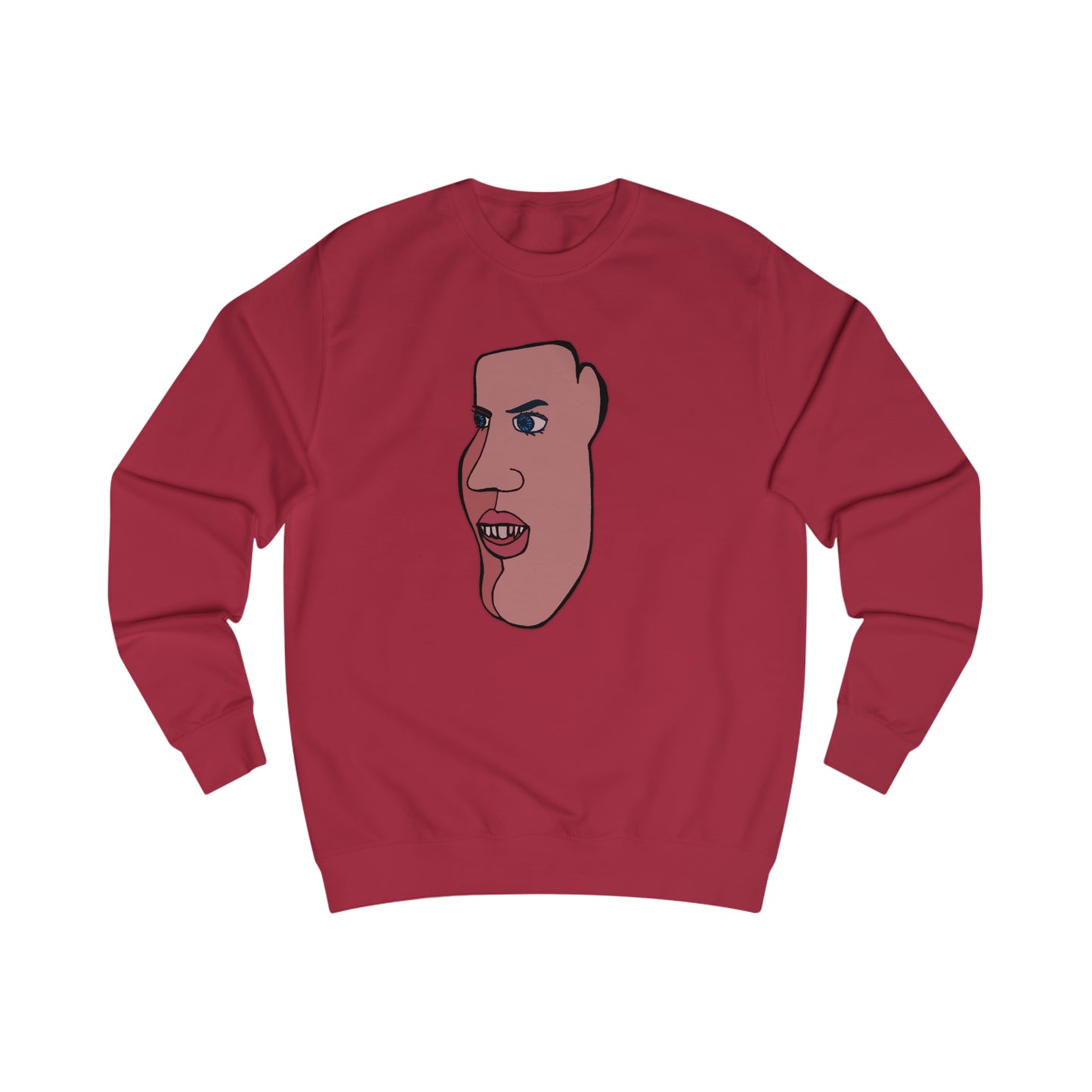 Man wearing red abstract face sweatshirt walking through New York City in cinematic streetwear scene.