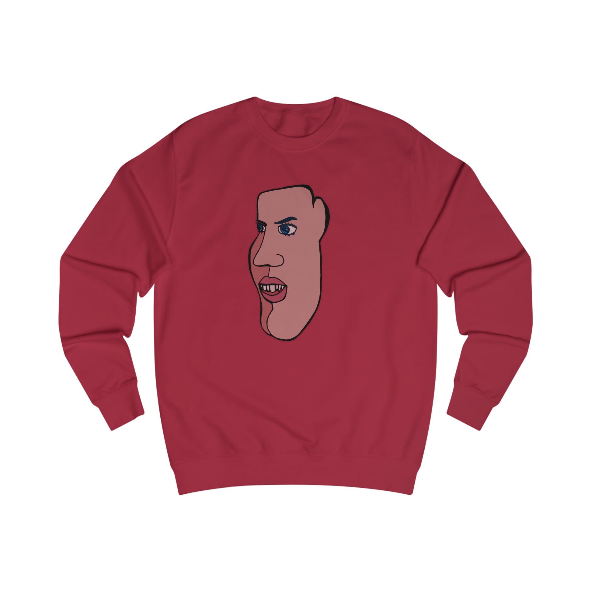 Man wearing red abstract face sweatshirt walking through New York City in cinematic streetwear scene.