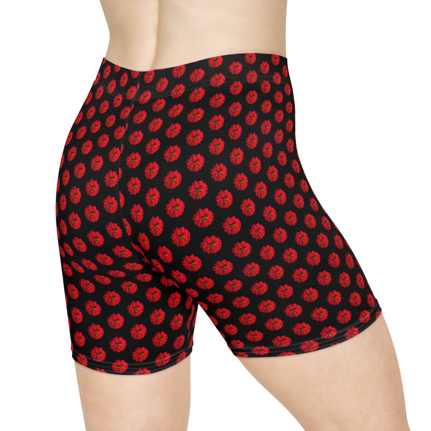 Woman wearing red dahlia print bike shorts, back lifestyle product view