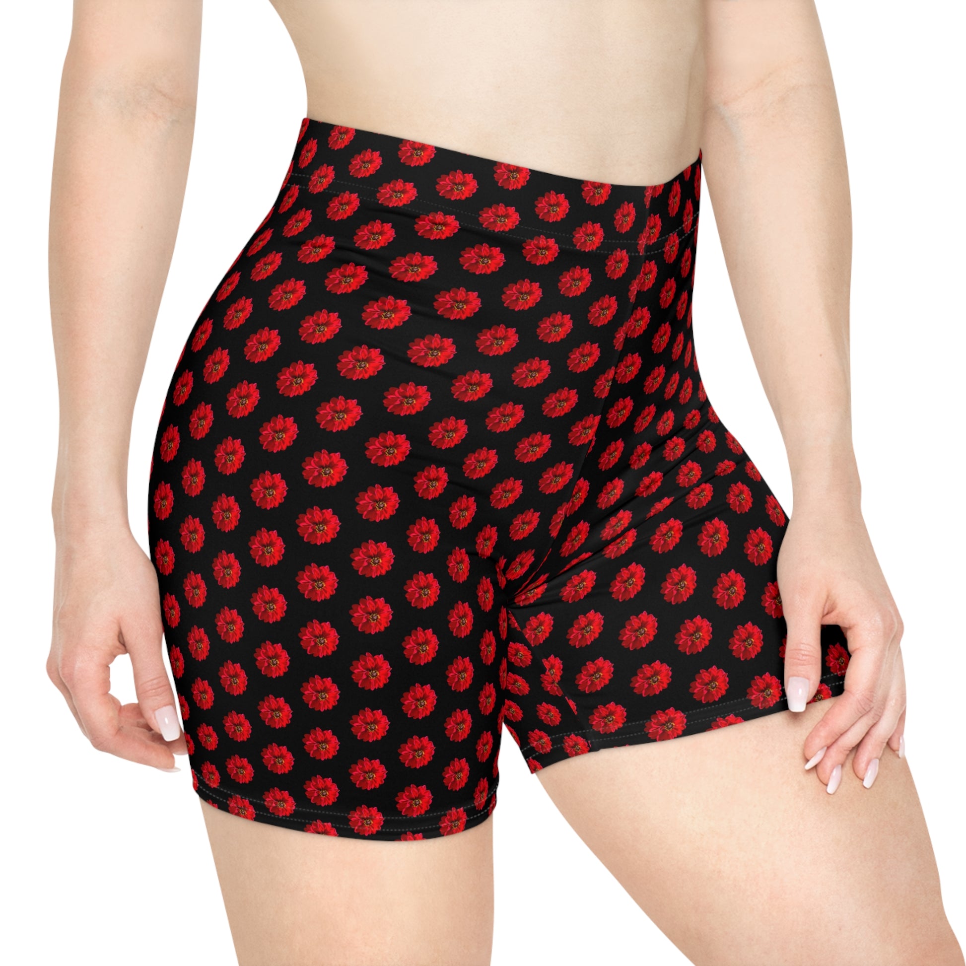 Woman wearing red dahlia print bike shorts, front lifestyle product view