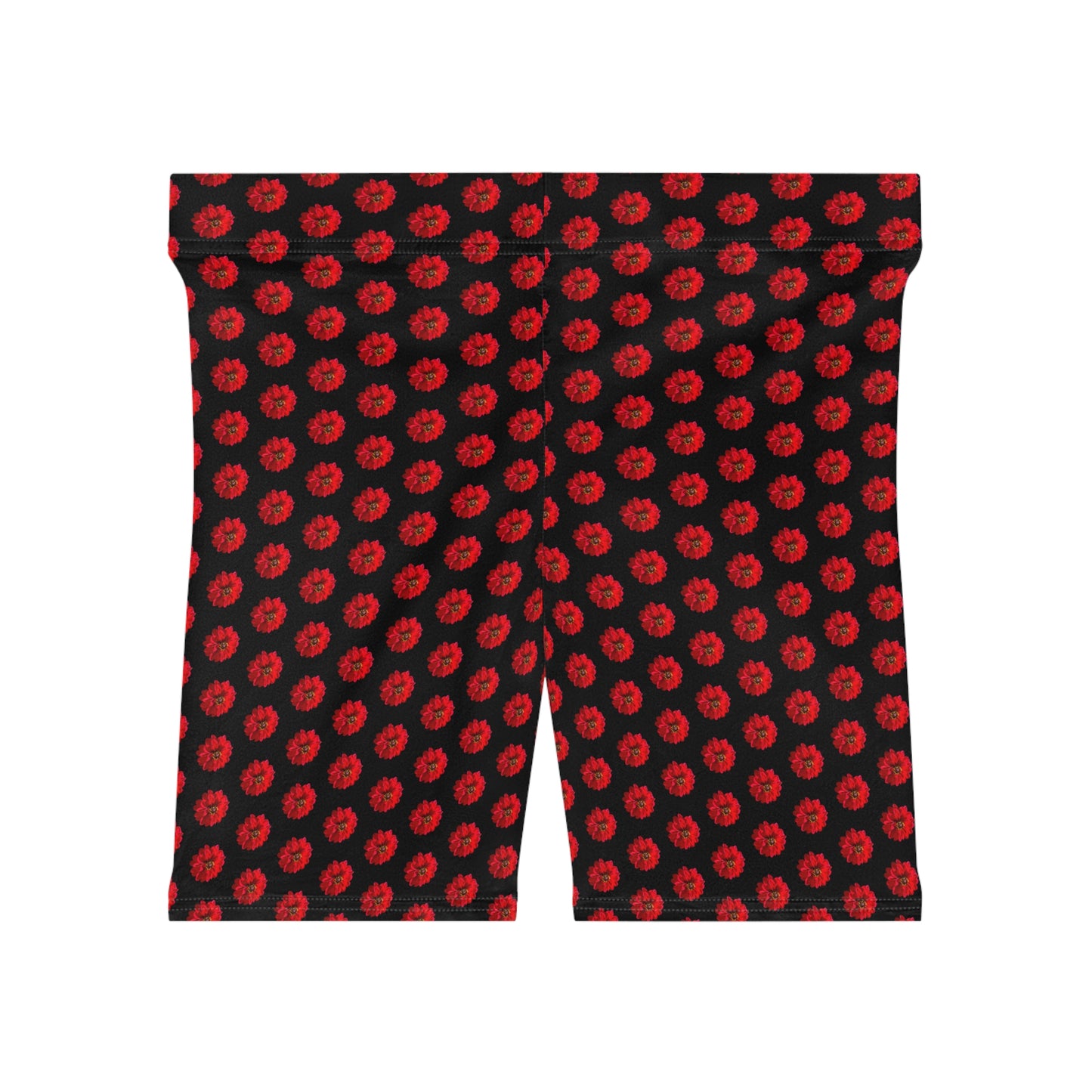 Back view of red dahlia print women's bike shorts featuring repeating floral pattern