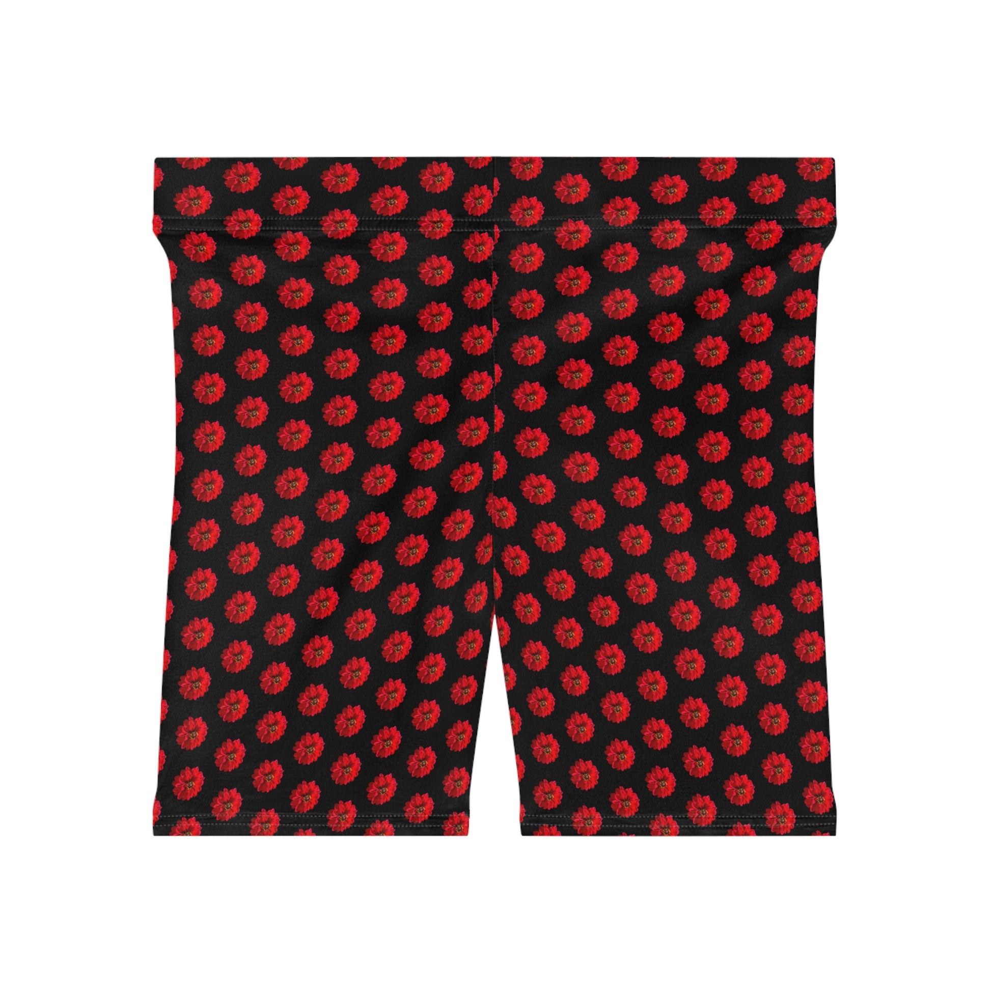 Back view of red dahlia print women's bike shorts featuring repeating floral pattern