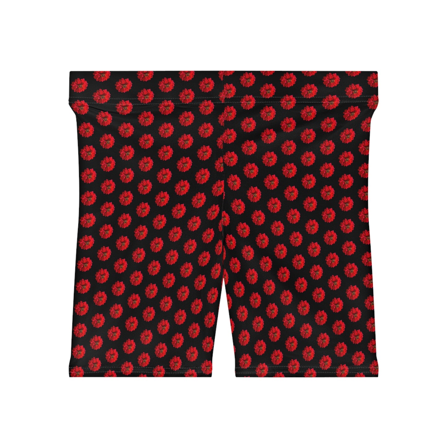 Front view of red dahlia print women's bike shorts with black background and floral pattern