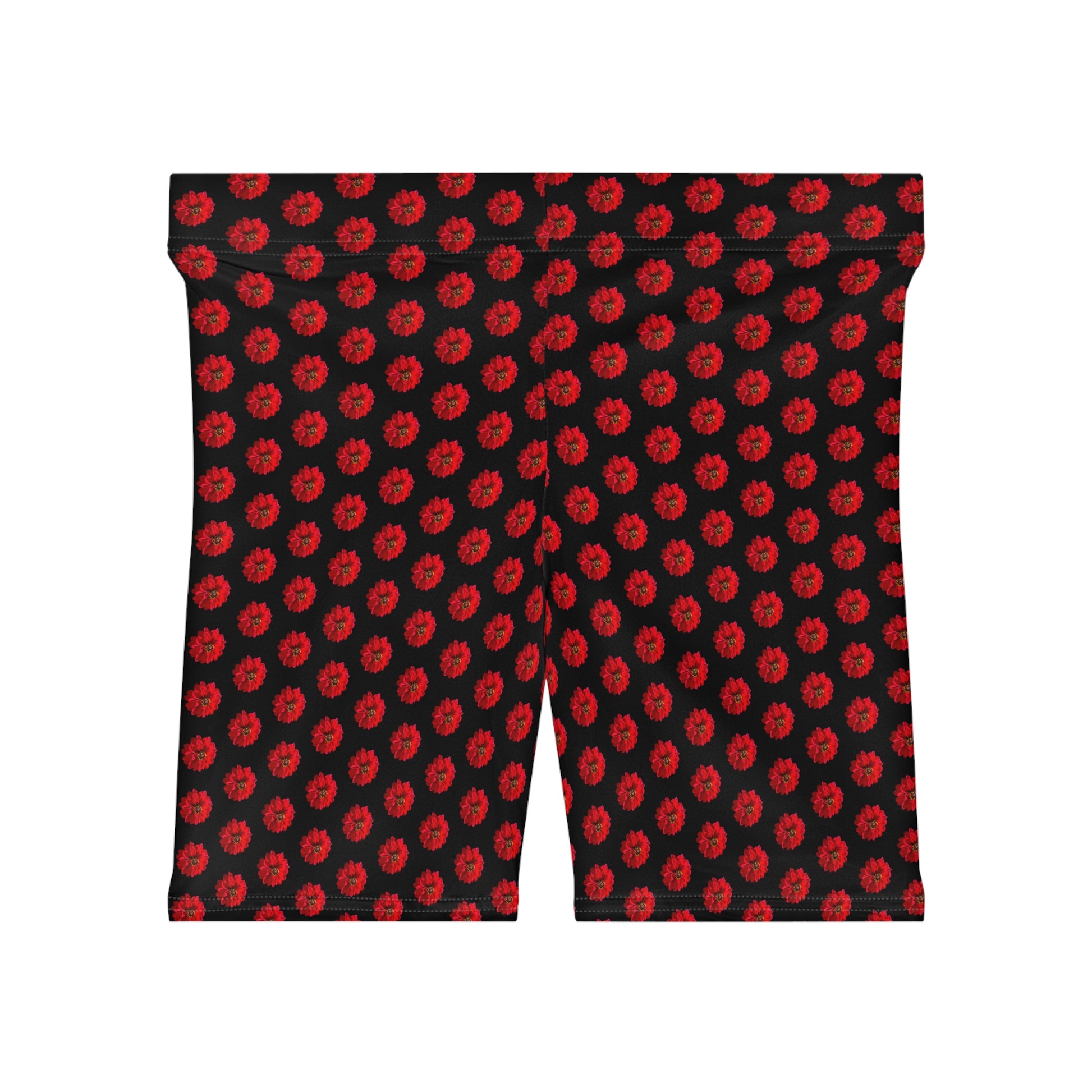Front view of red dahlia print women's bike shorts with black background and floral pattern