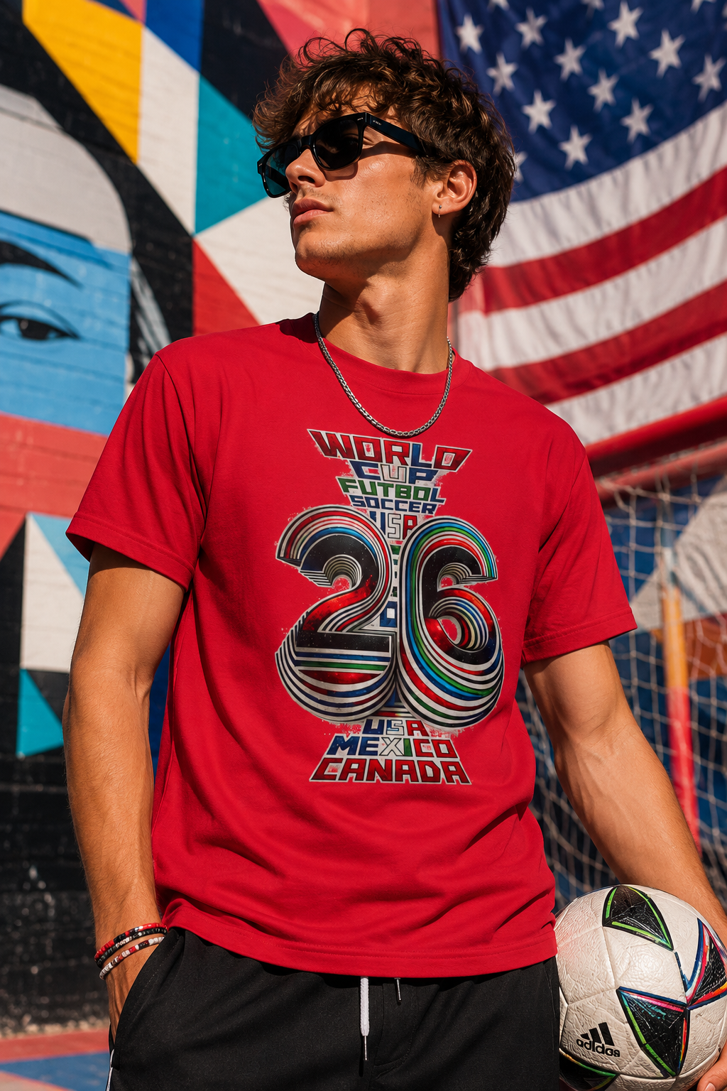Male Gen Z wearing red FIFA World Cup 2026 graphic T-shirt in colorful cinematic California editorial scene