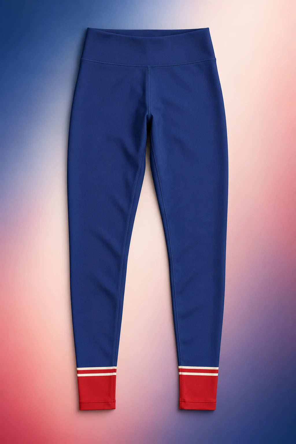 Blue high-waisted Red Socks Leggings flat lay with red crew sock illusion at the ankles