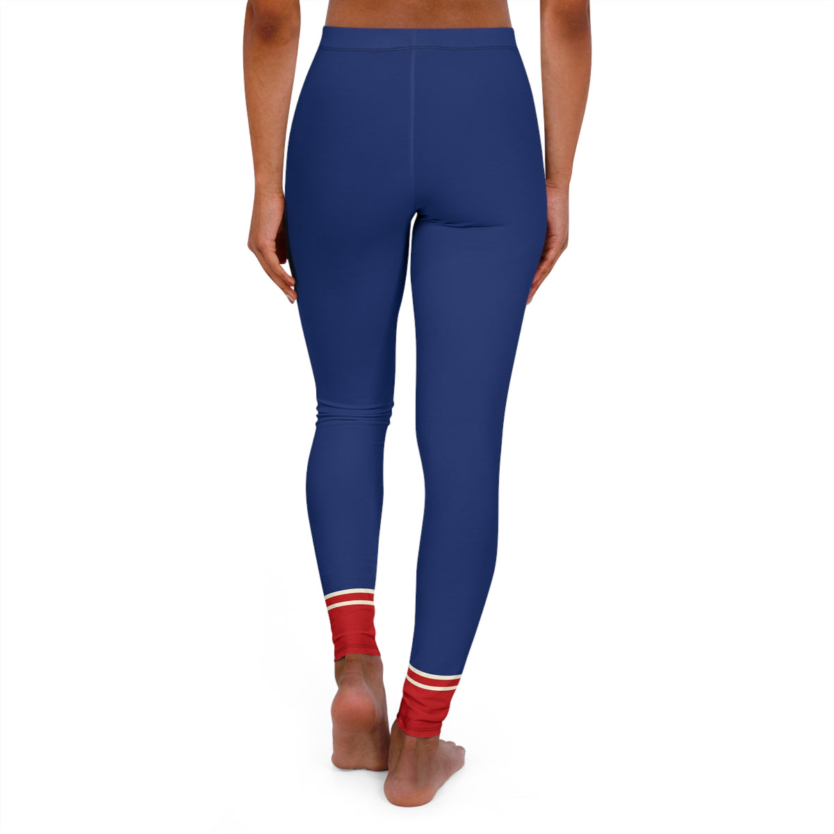 Back view of blue Red Socks high-waisted leggings with red crew sock ankle design