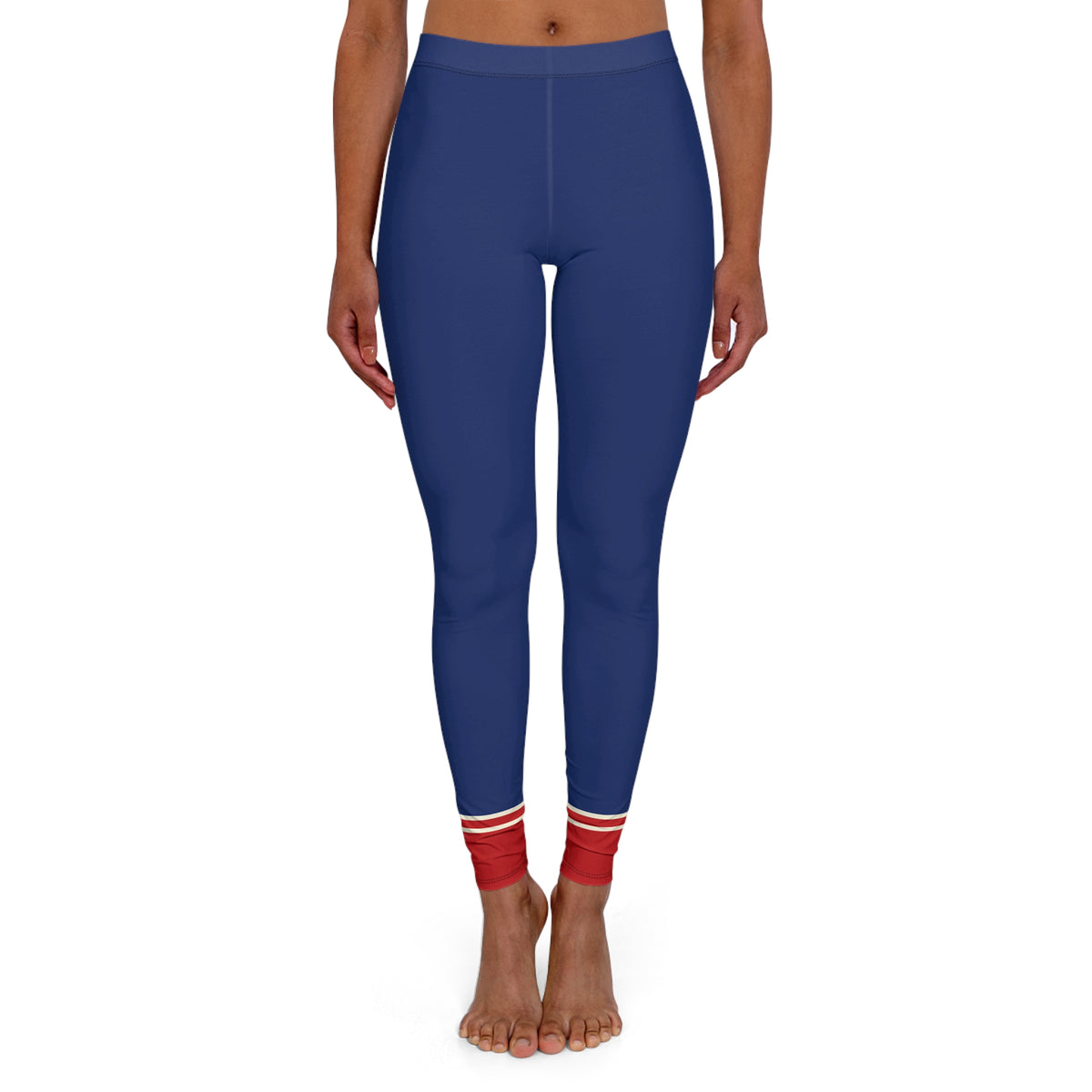 Front view of blue Red Socks high-waisted yoga leggings with red ankle detail