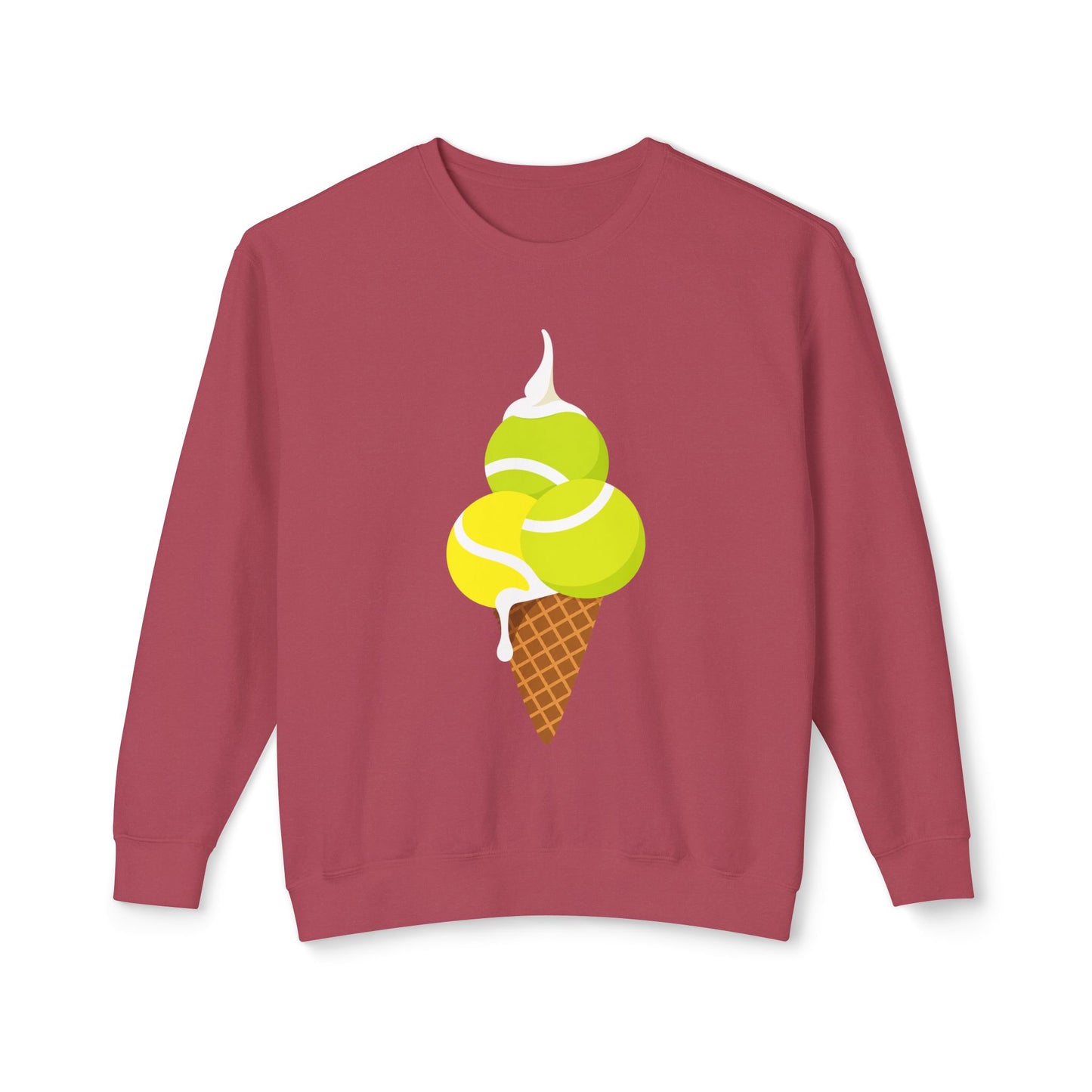 Red tennis sweatshirt with colorful tennis ball ice cream cone design