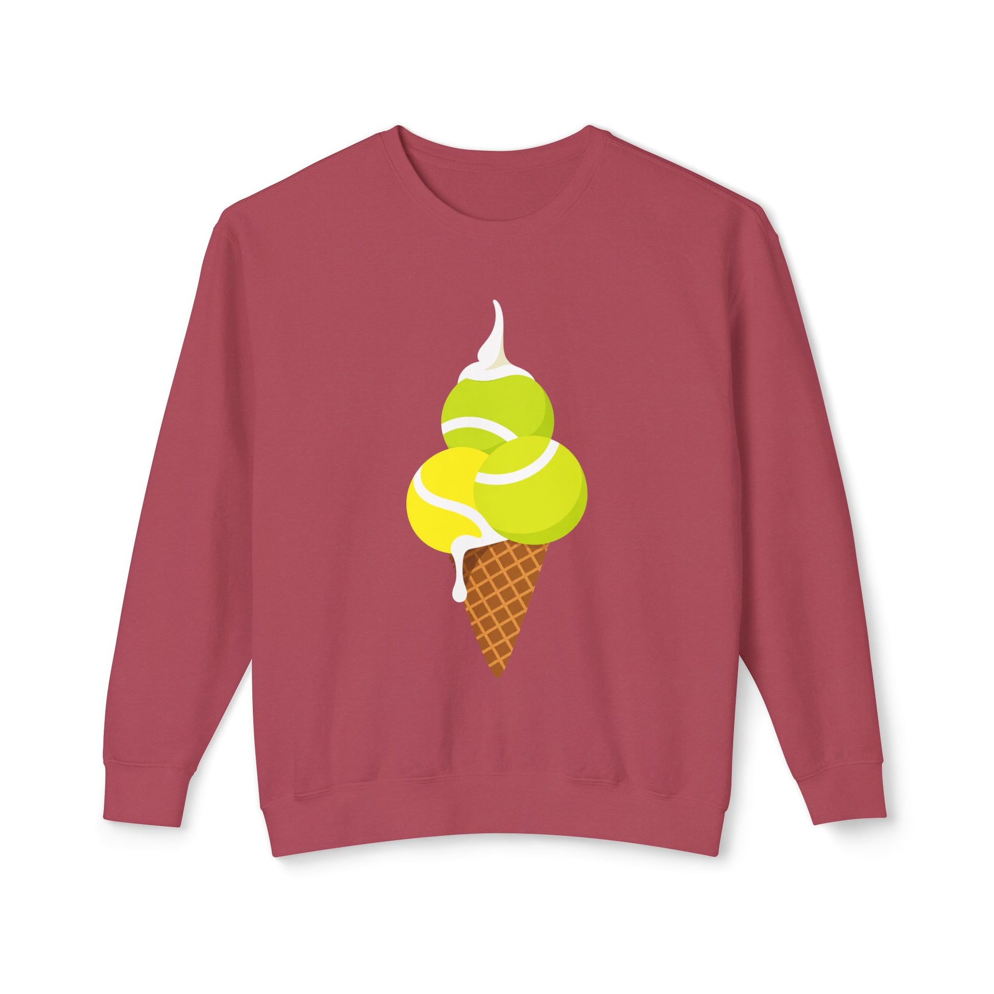 Red tennis sweatshirt with colorful tennis ball ice cream cone design