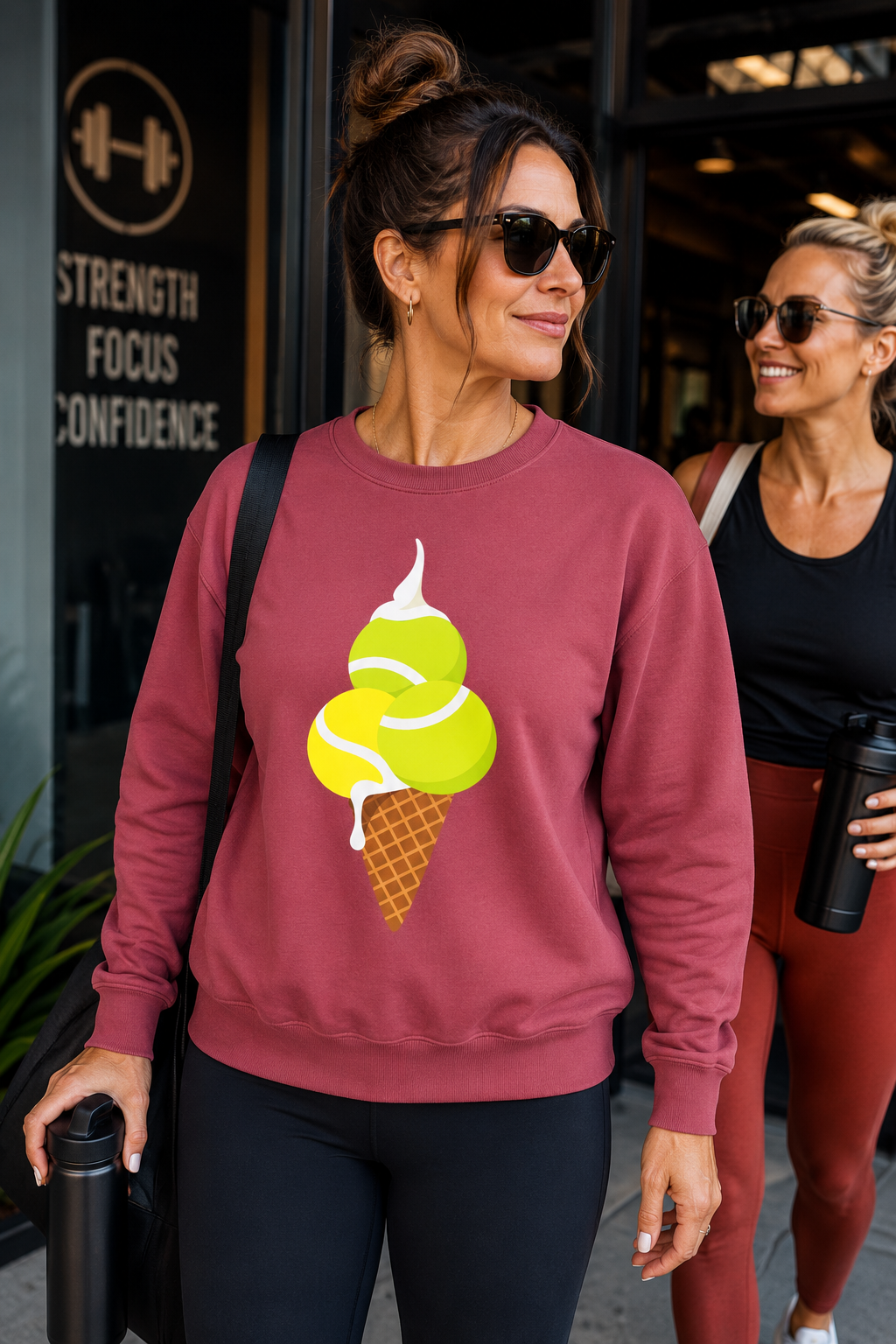 Woman wearing red tennis ball graphic sweatshirt outside a fitness studio