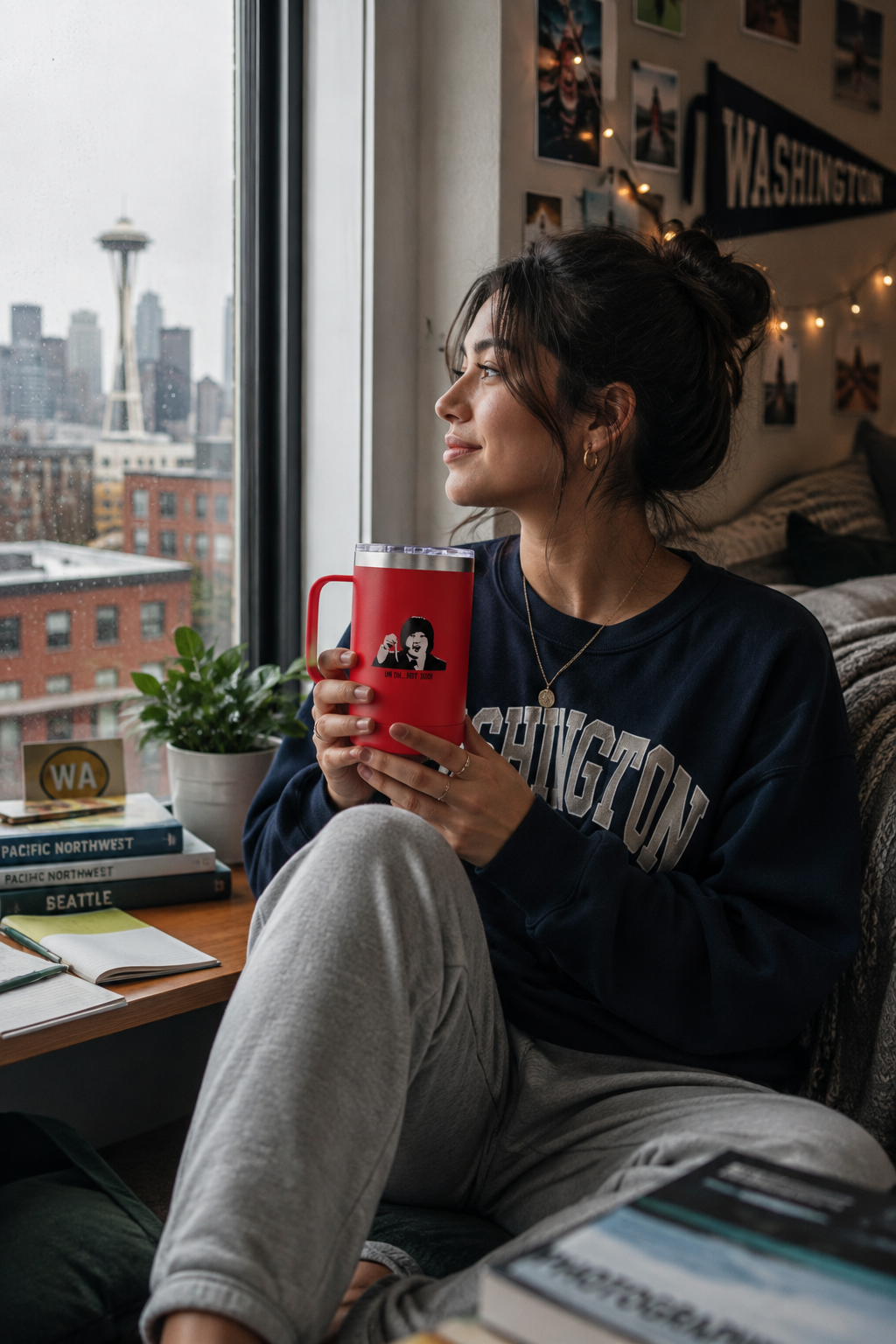 Young woman holding a red Uh Oh Hot Dog MADtv travel mug beside a New York City apartment window
