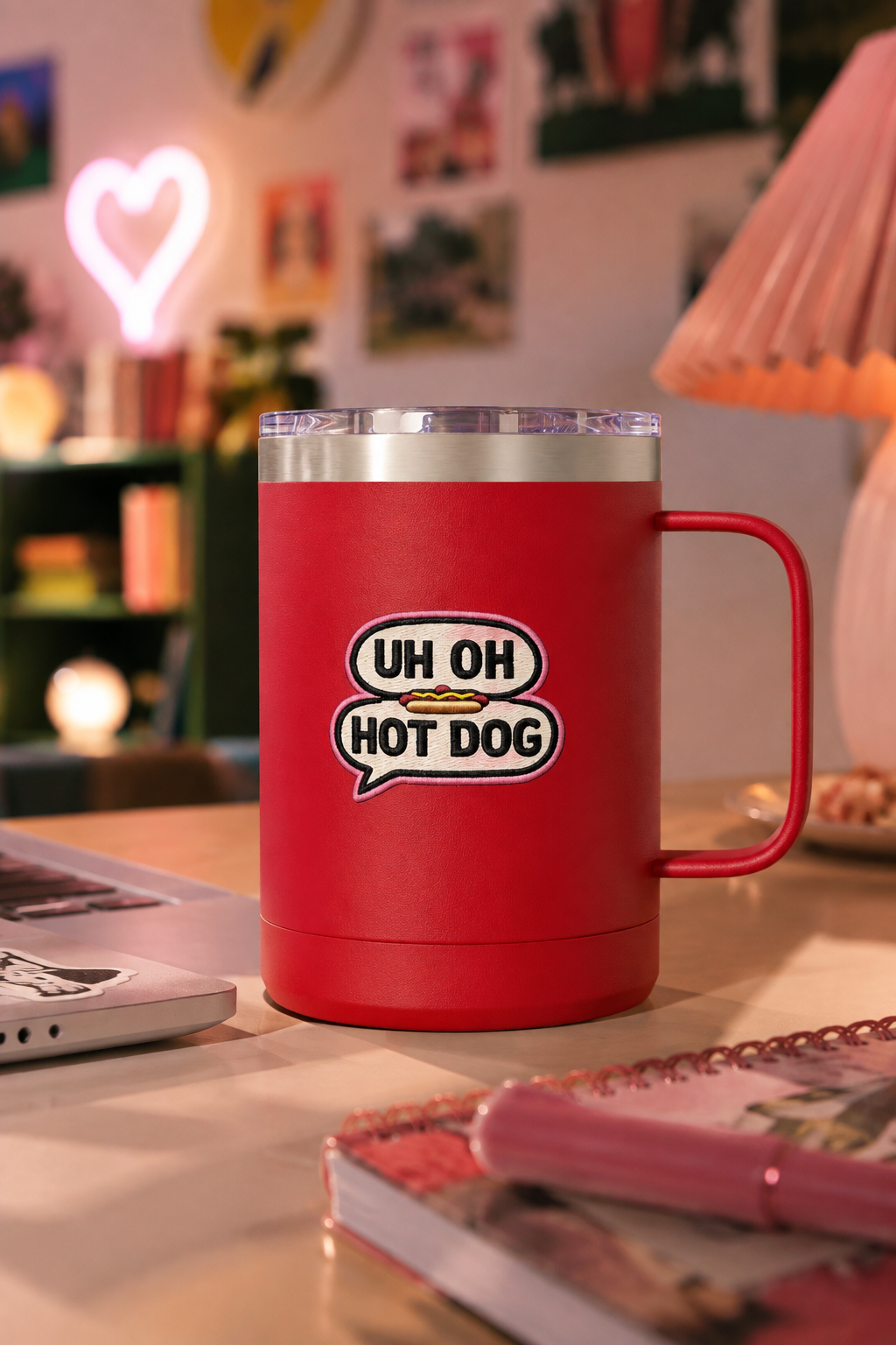 Red Uh Oh Hot Dog MADtv travel mug on a colorful pink desk with playful room decor, back view