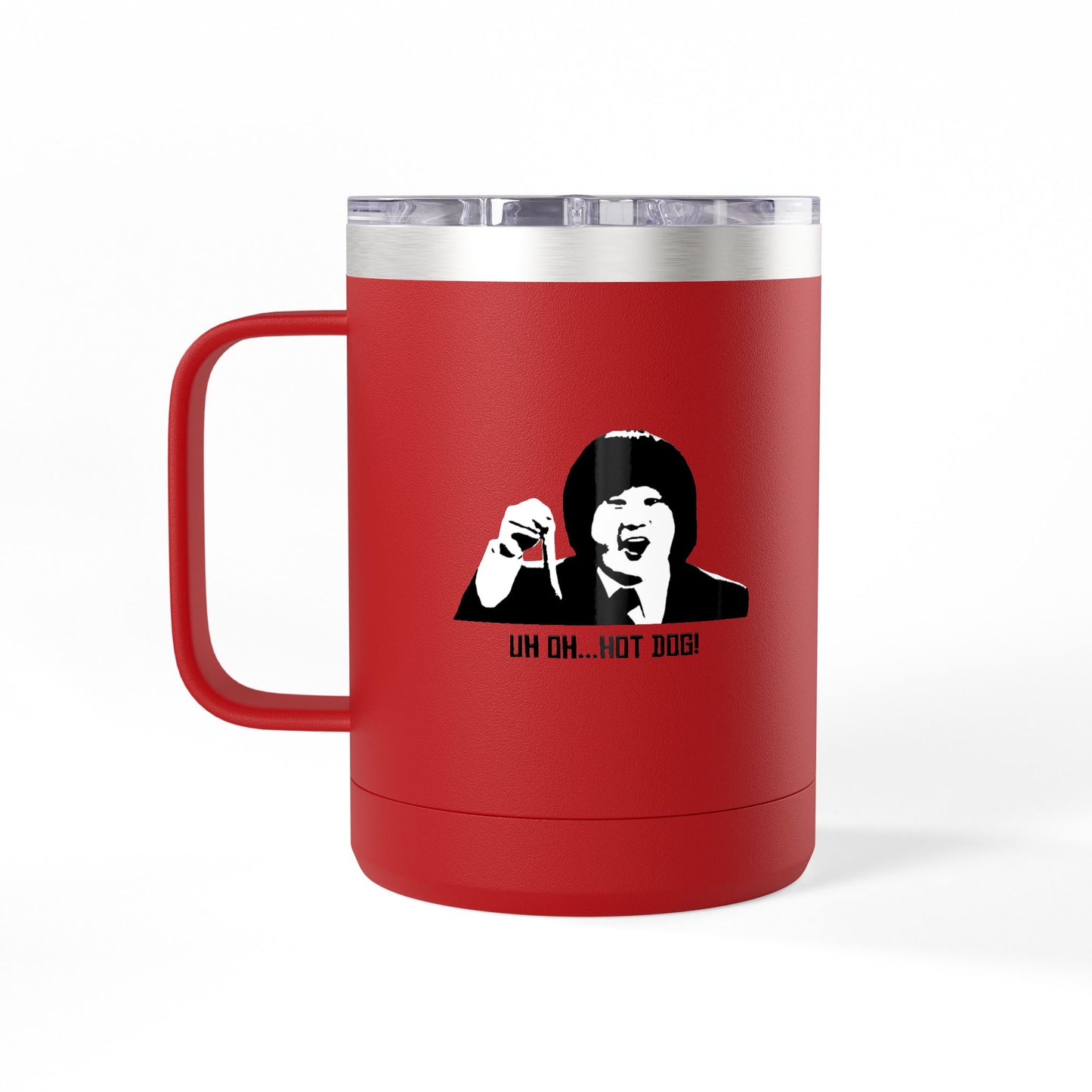 Red Uh Oh Hot Dog MADtv stainless steel travel mug with character artwork, handle and clear lid