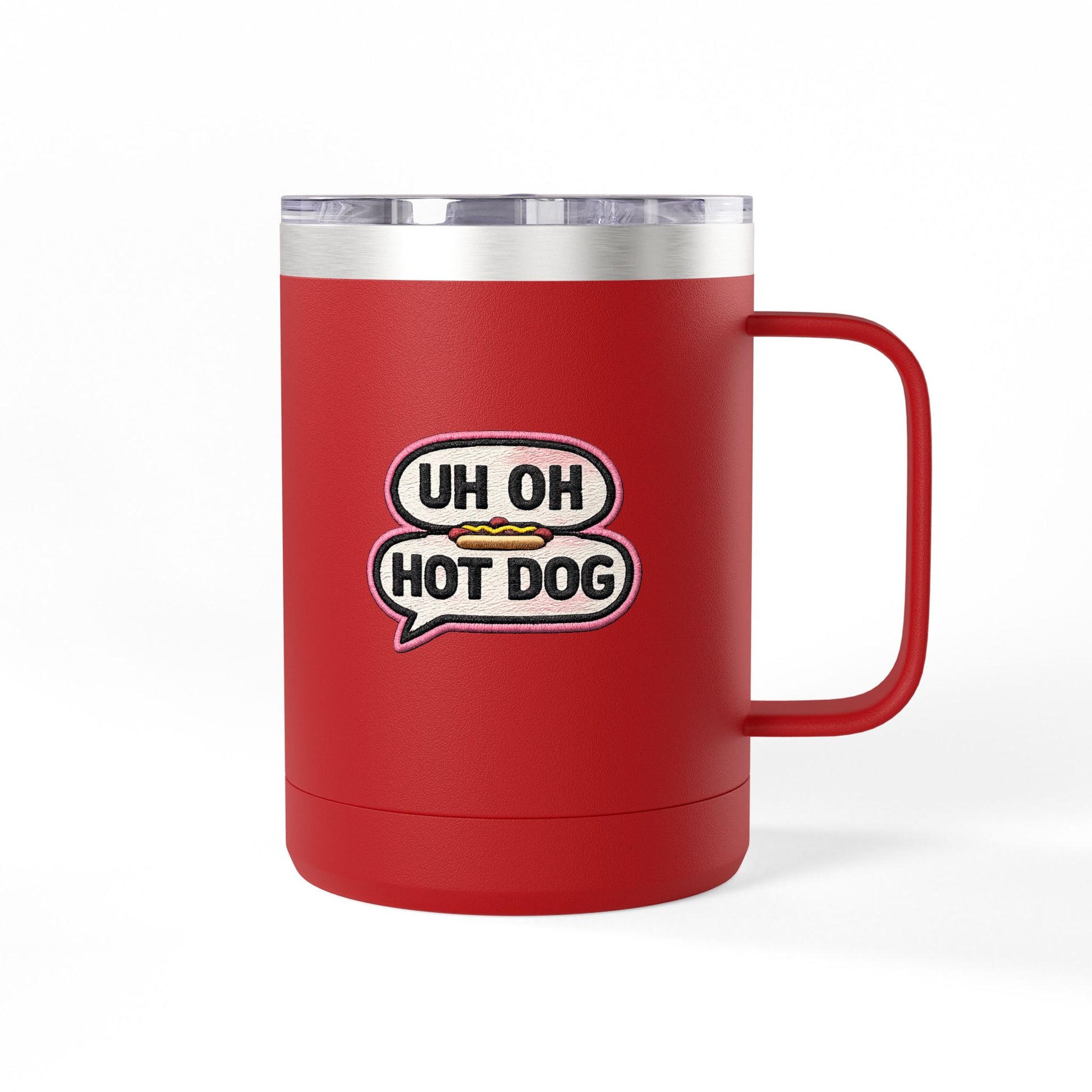 Red Uh Oh Hot Dog MADtv insulated stainless steel travel mug with speech-bubble design
