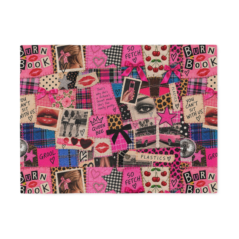 Tantrum Media Regina George Burn Book Sweatshirt Blanket showing the full pink, black and blue Y2K collage pattern with Burn Book graphics and movie-inspired details.
