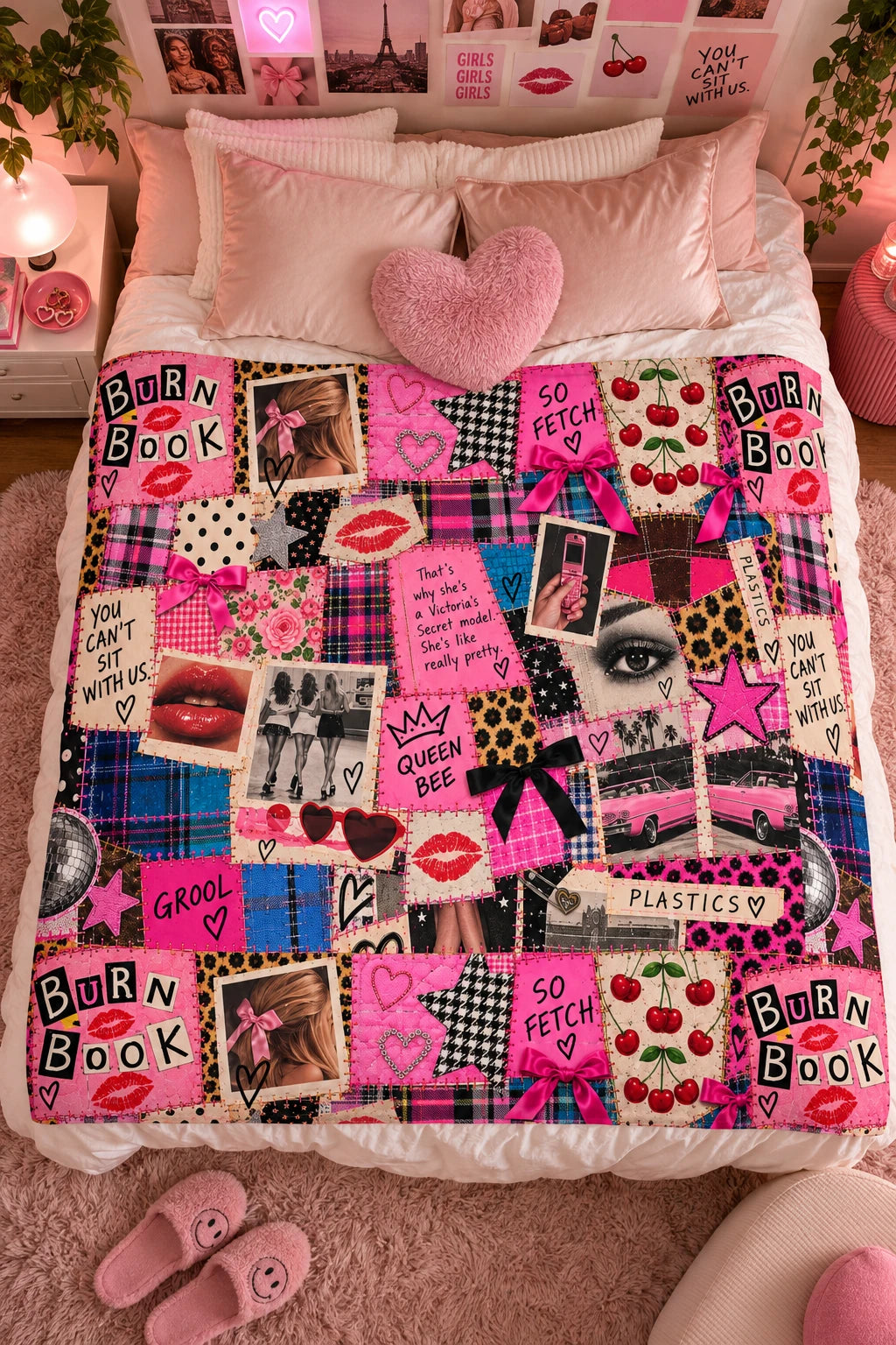 Tantrum Media Regina George Burn Book Sweatshirt Blanket displayed on a bed with pink pillows, featuring colorful Mean Girls-inspired Y2K patchwork artwork.