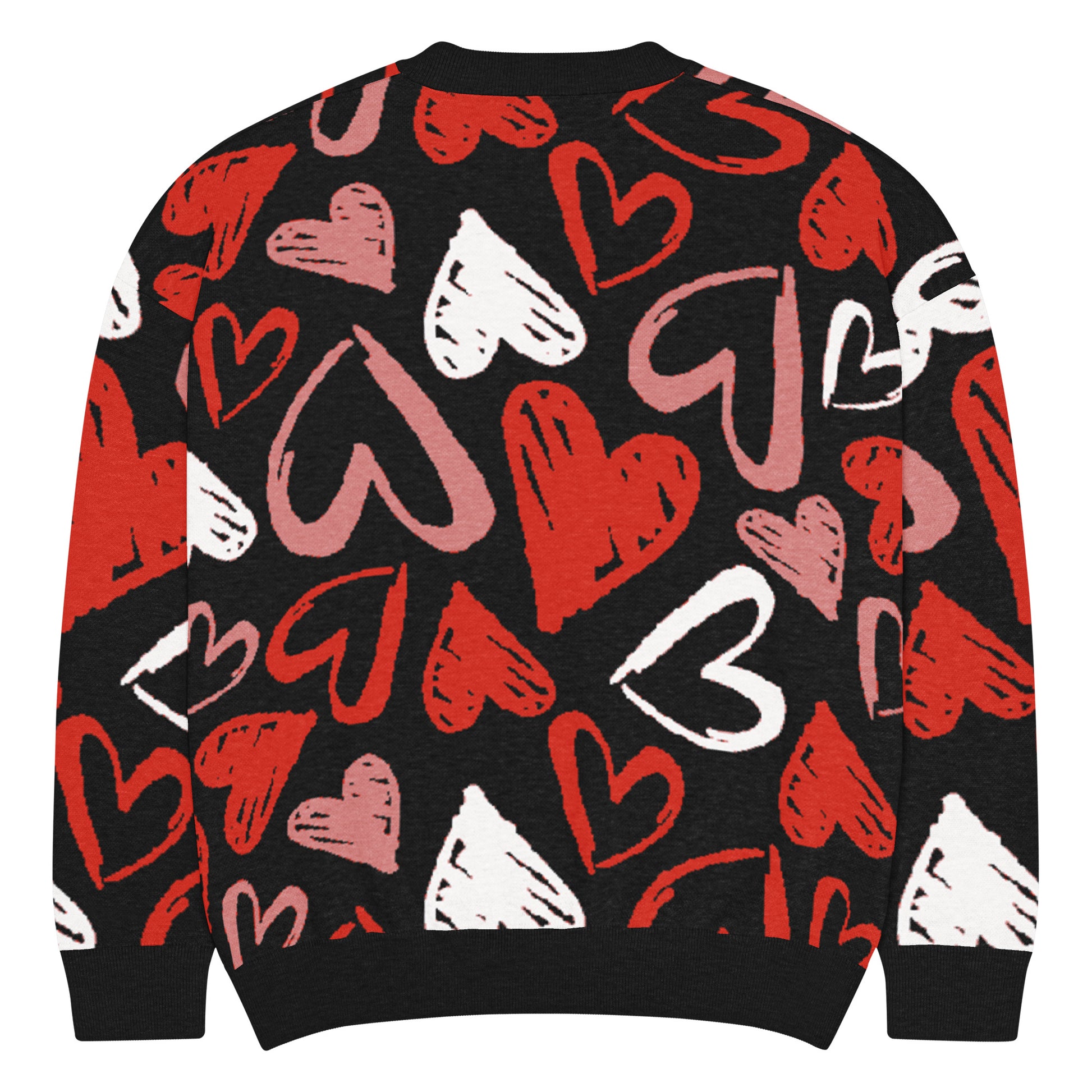 Unisex heart knit sweater back view displaying bold red and white heart design mockup