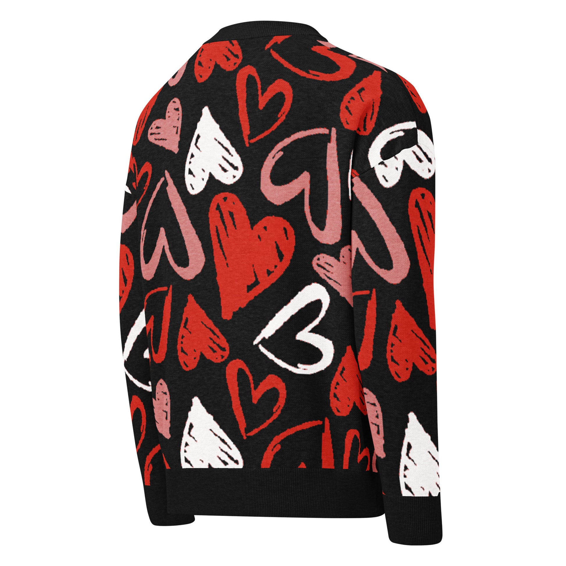 Unisex heart knit sweater flat lay style product image with heart graphics
