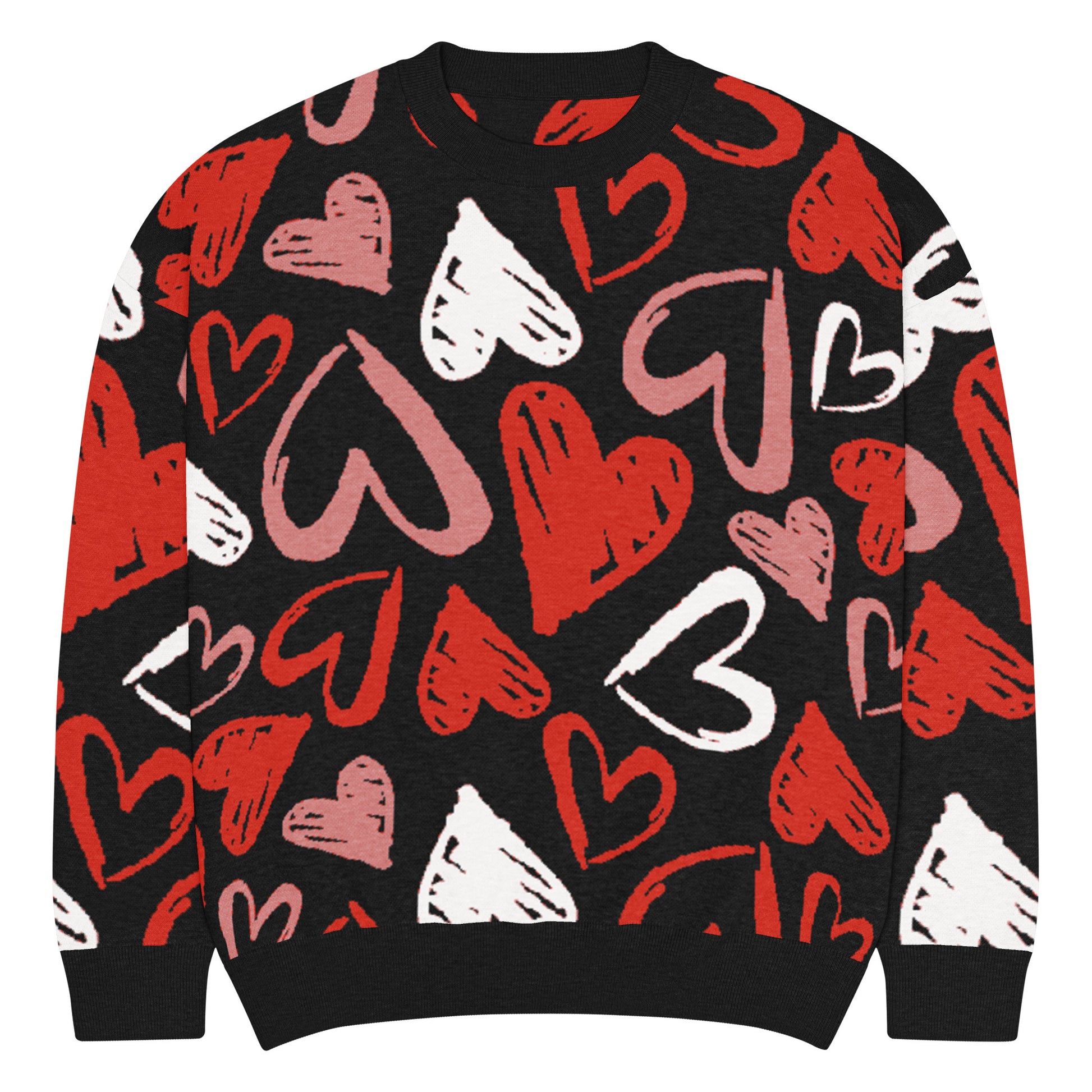 Unisex heart knit sweater front view showing all over heart pattern